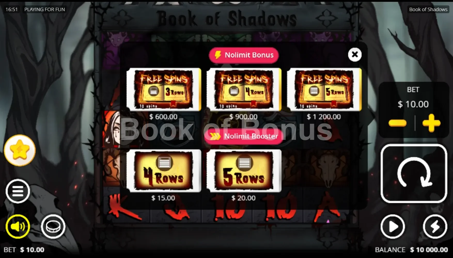 Book of Shadows par Nolimit City - menu d'achat de bonus et options