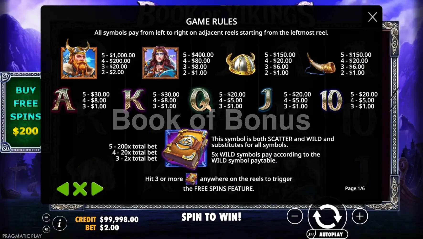 Book of Vikings par Pragmatic Play - table des gains et valeurs des symboles