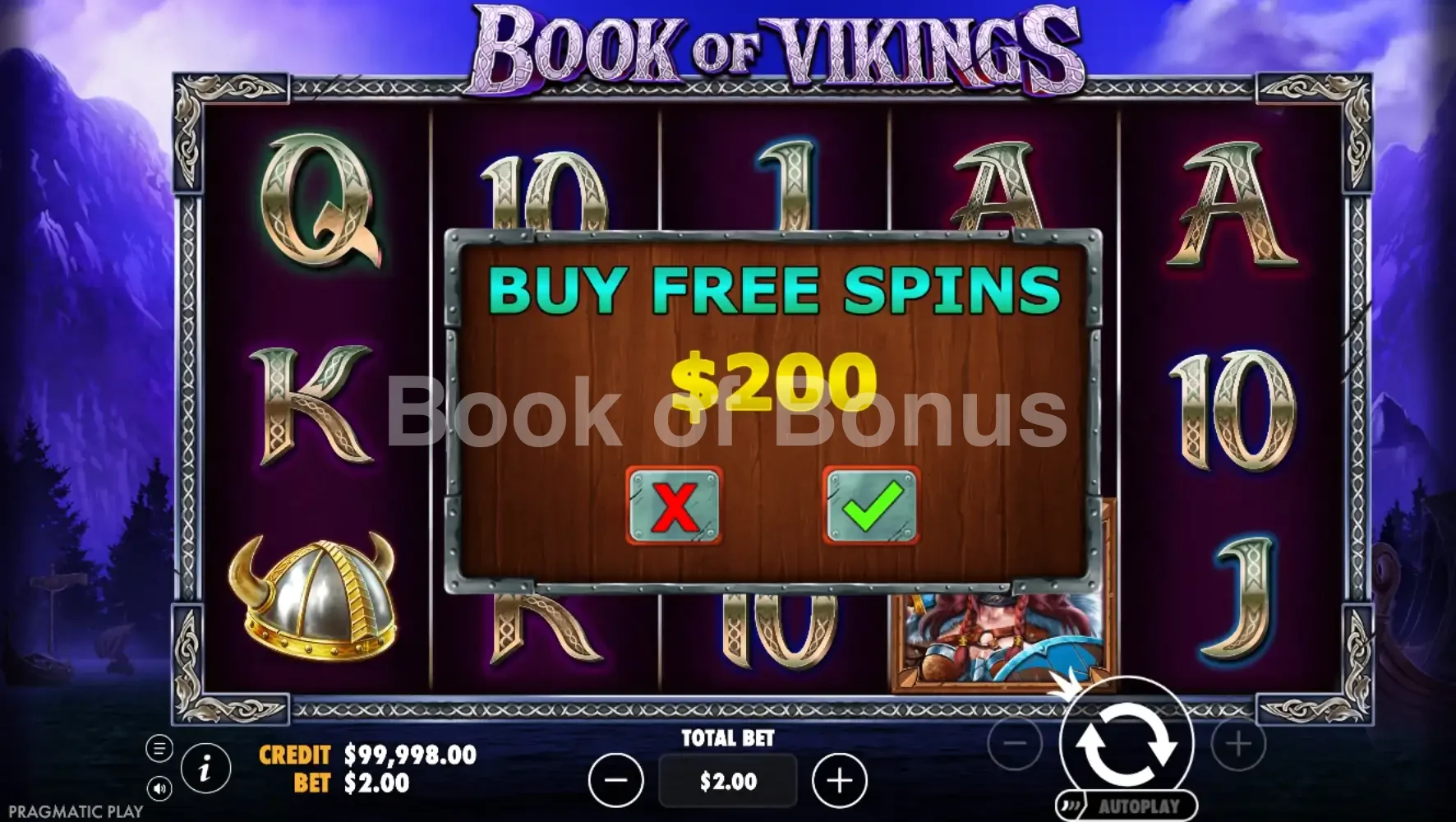 Book of Vikings par Pragmatic Play - menu d'achat de bonus et options