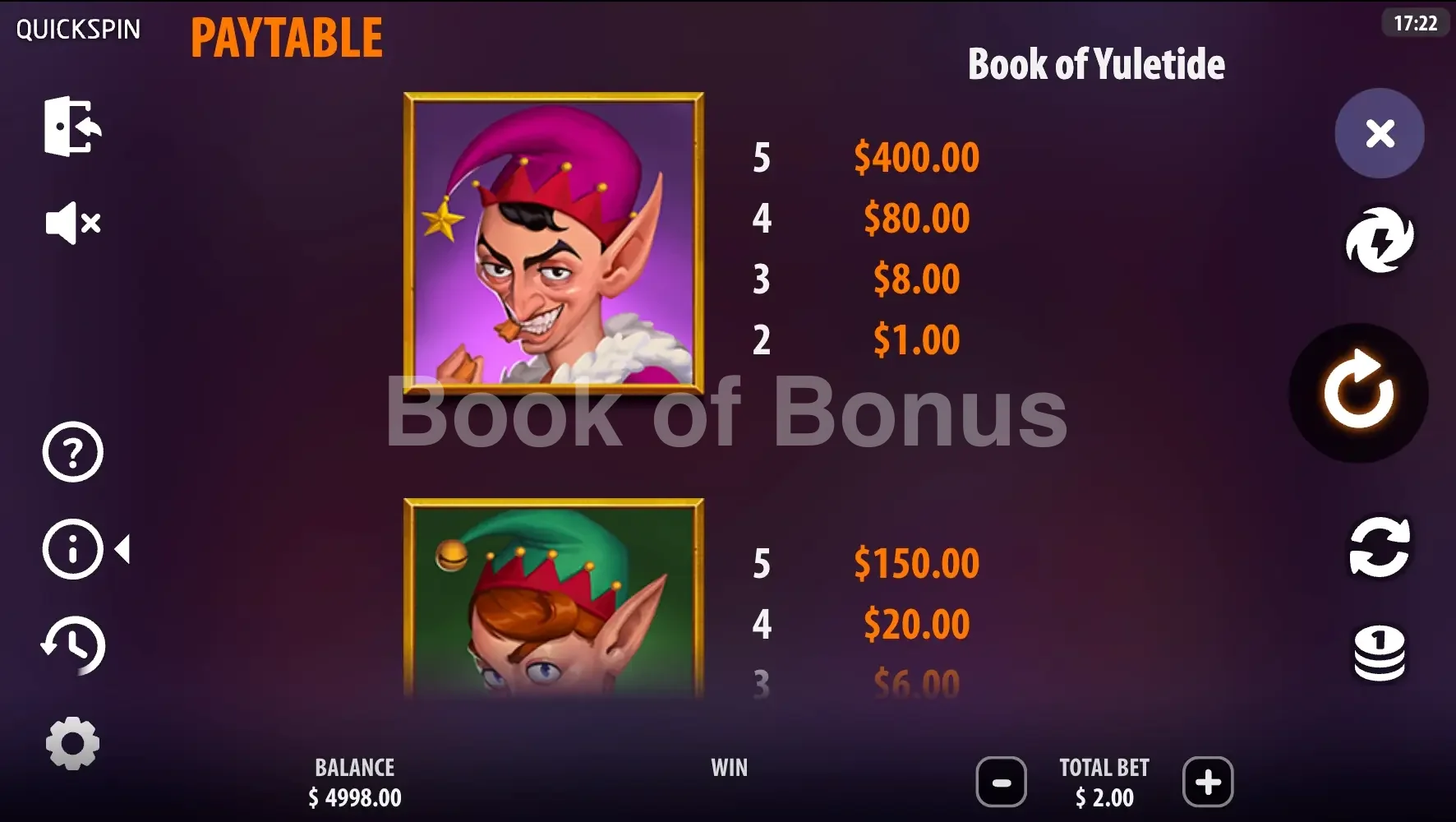 Book of Yuletide par Quickspin - table des gains et valeurs des symboles