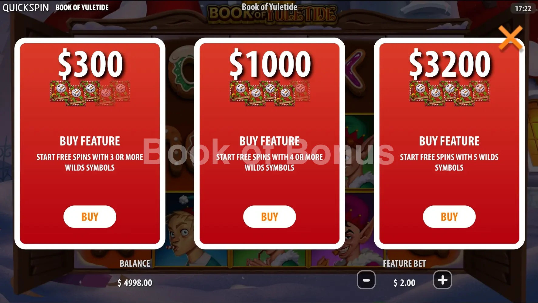 Book of Yuletide par Quickspin - menu d'achat de bonus et options