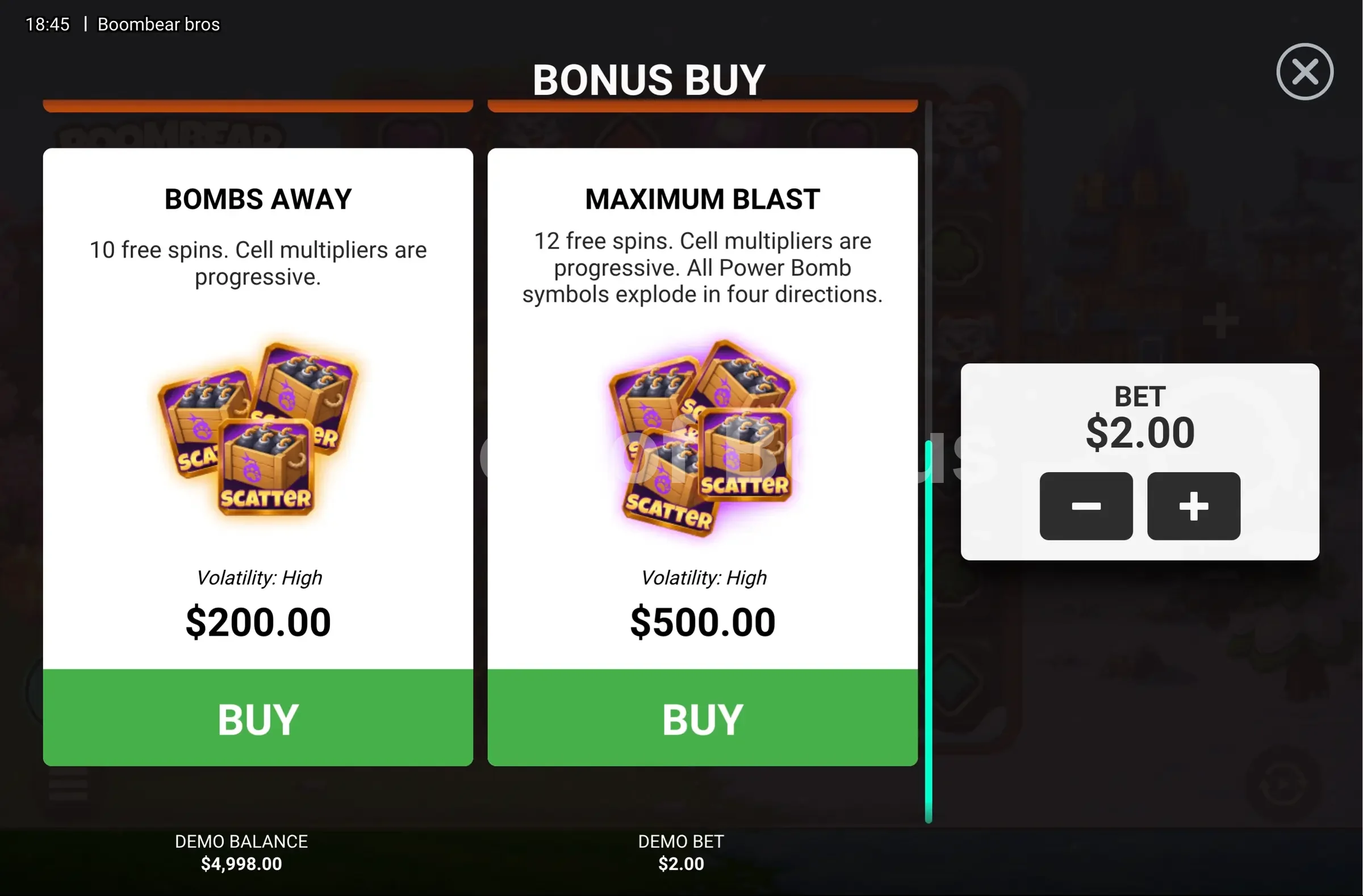 Boombear Bros par Hacksaw Gaming - menu d'achat de bonus et options