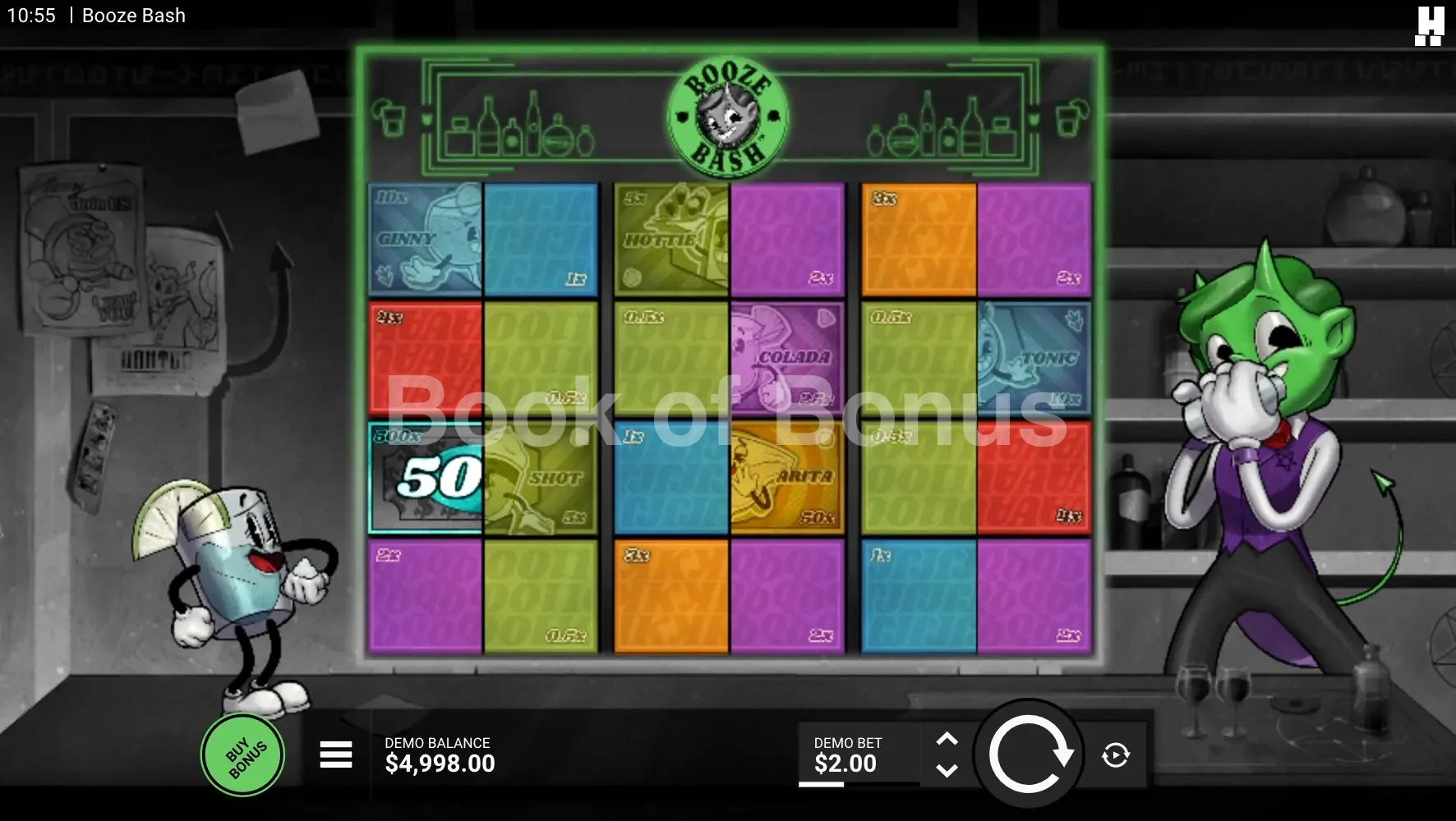 Booze Bash par Hacksaw Gaming - jeu de base et disposition des rouleaux