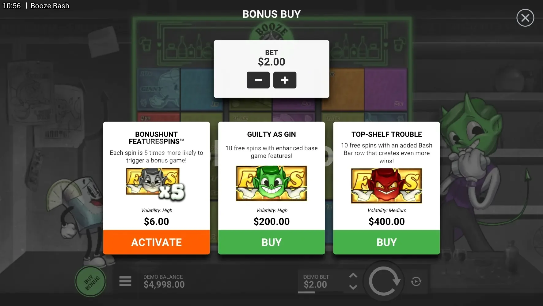 Booze Bash par Hacksaw Gaming - menu d'achat de bonus et options