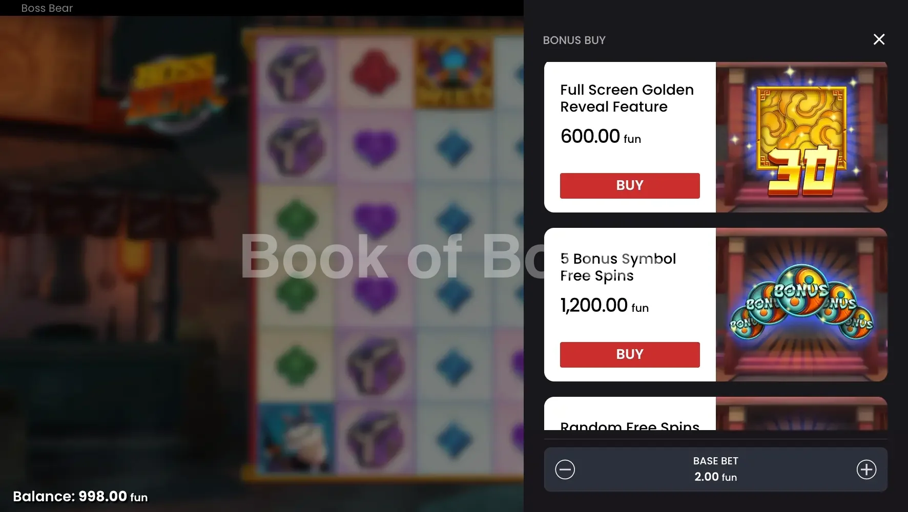 Boss Bear par Push Gaming - menu d'achat de bonus et options