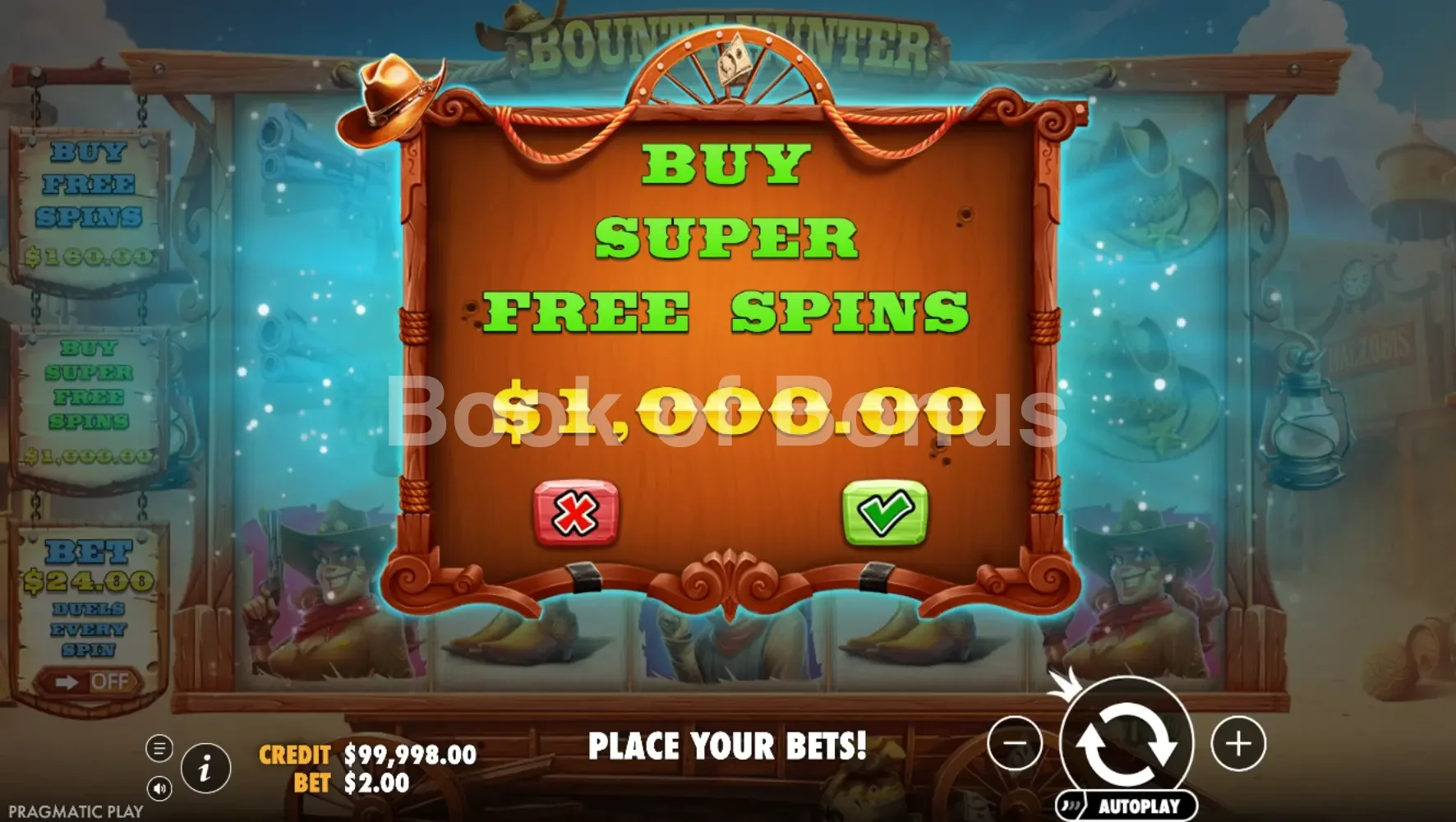 Bounty Hunter par Pragmatic Play - menu d'achat de bonus et options