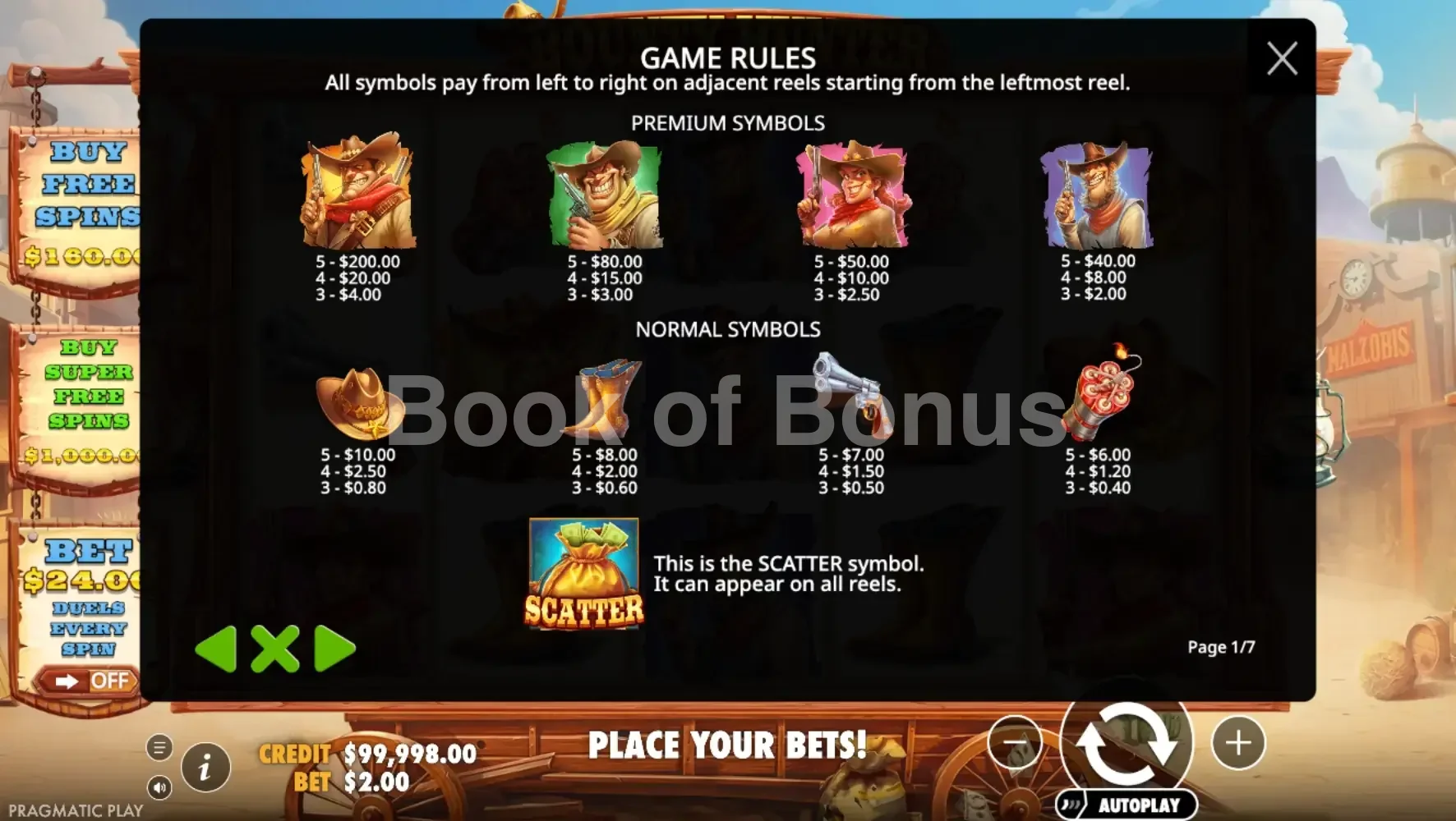 Bounty Hunter par Pragmatic Play - table des gains et valeurs des symboles