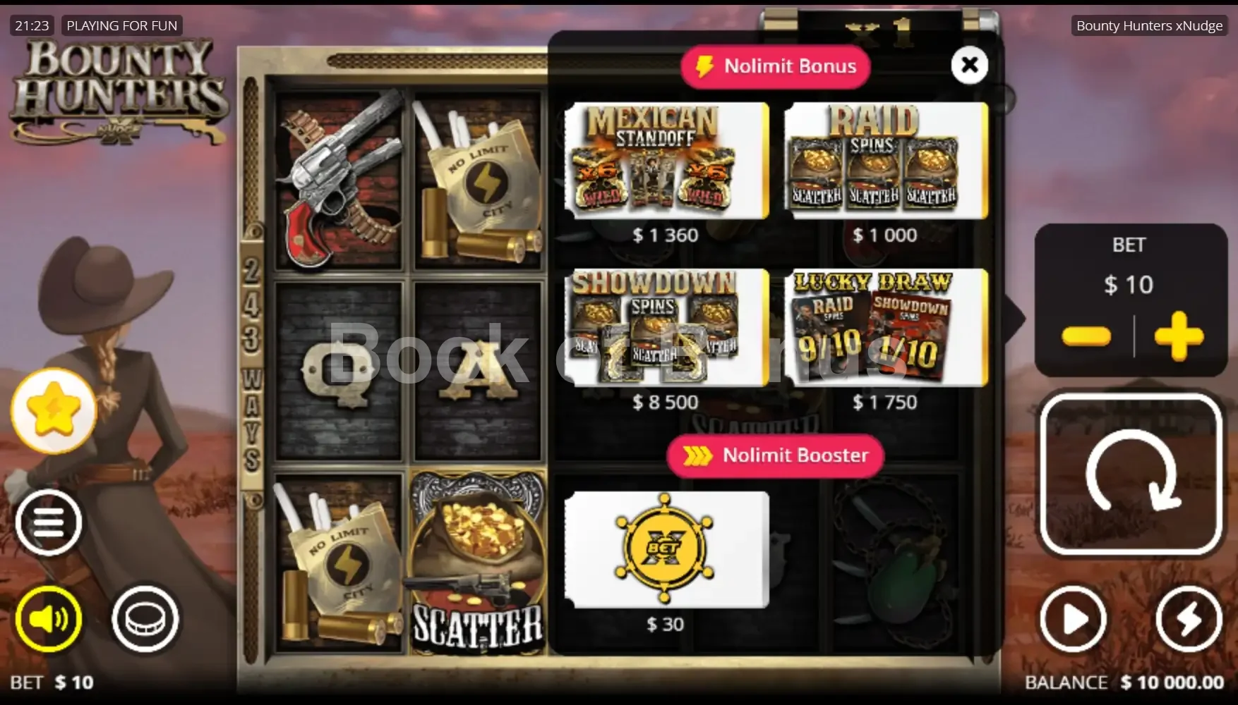 Bounty Hunters par Nolimit City - menu d'achat de bonus et options