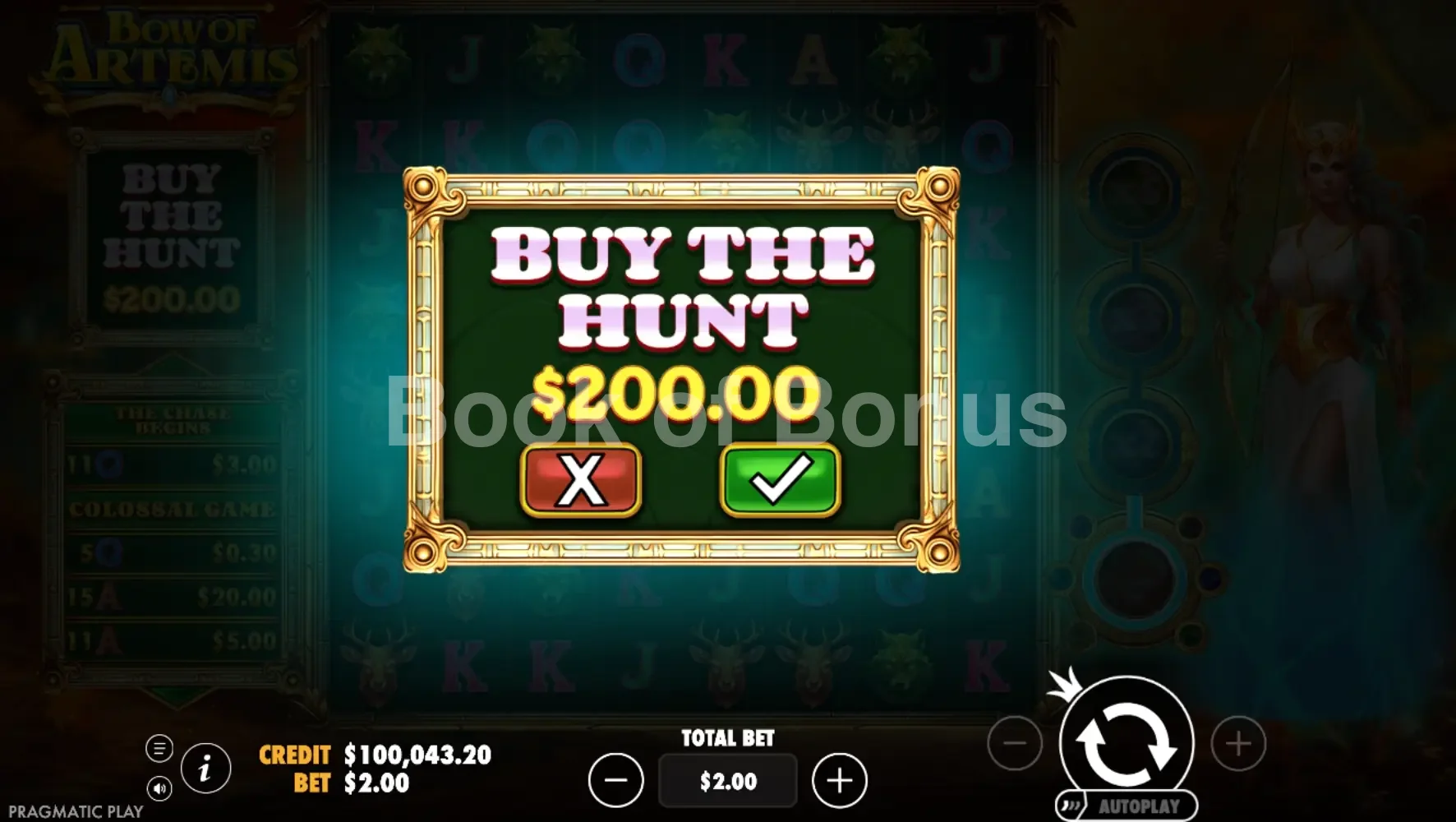 Bow of Artemis par Pragmatic Play - menu d'achat de bonus et options