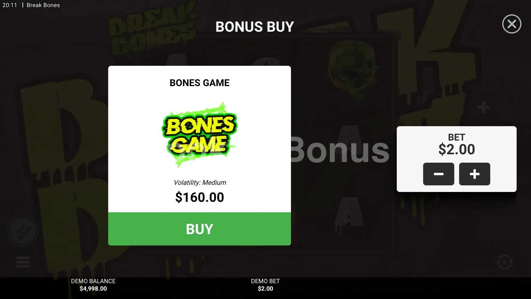 Break Bones par Hacksaw Gaming - menu d'achat de bonus et options