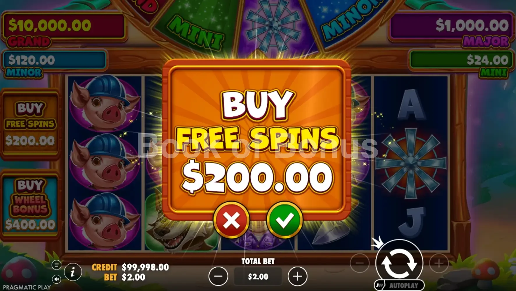 Brick House Bonanza par Pragmatic Play - menu d'achat de bonus et options