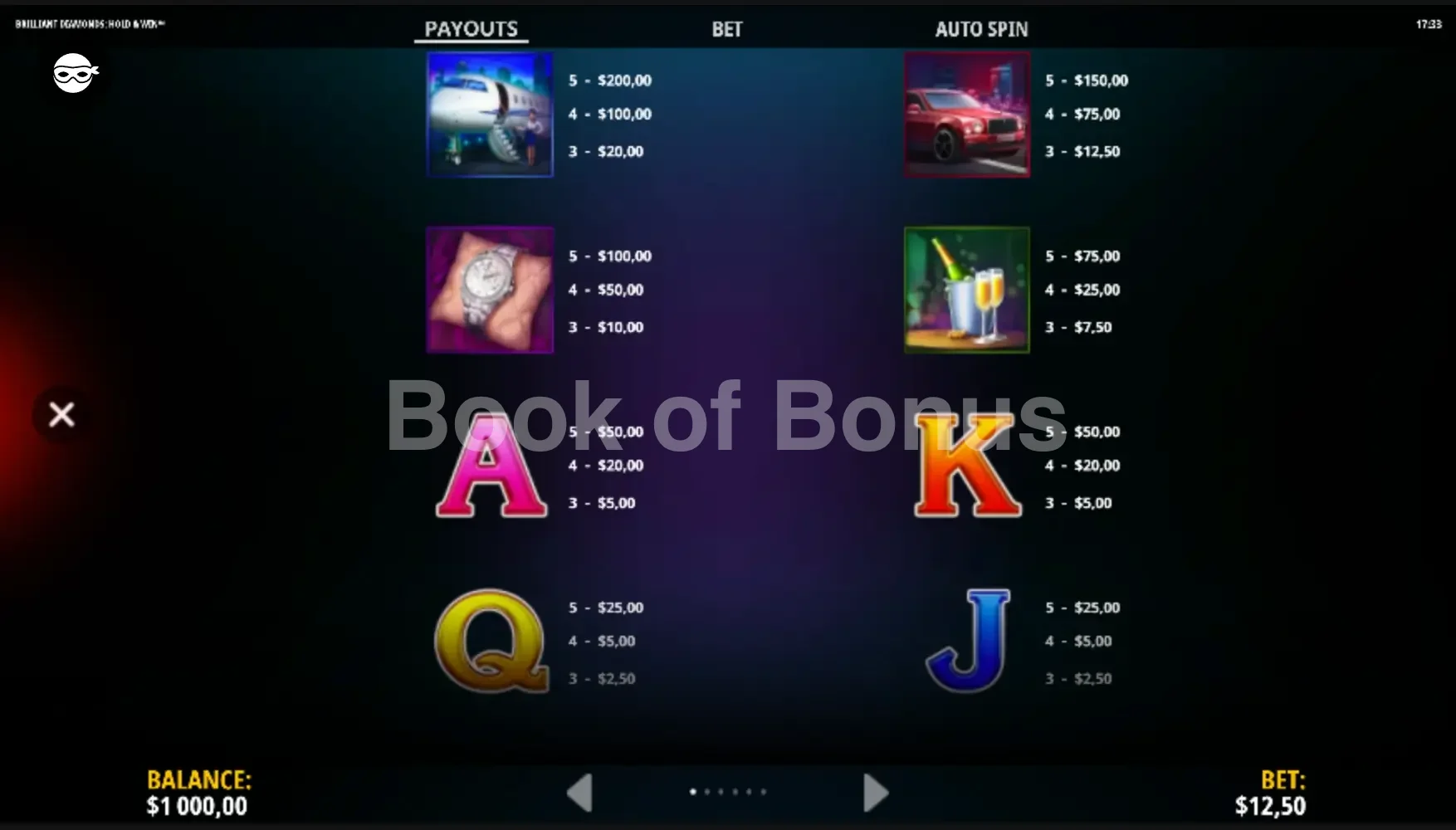 Brilliant Diamonds Hold & Win par iSoftBet - table des gains et valeurs des symboles