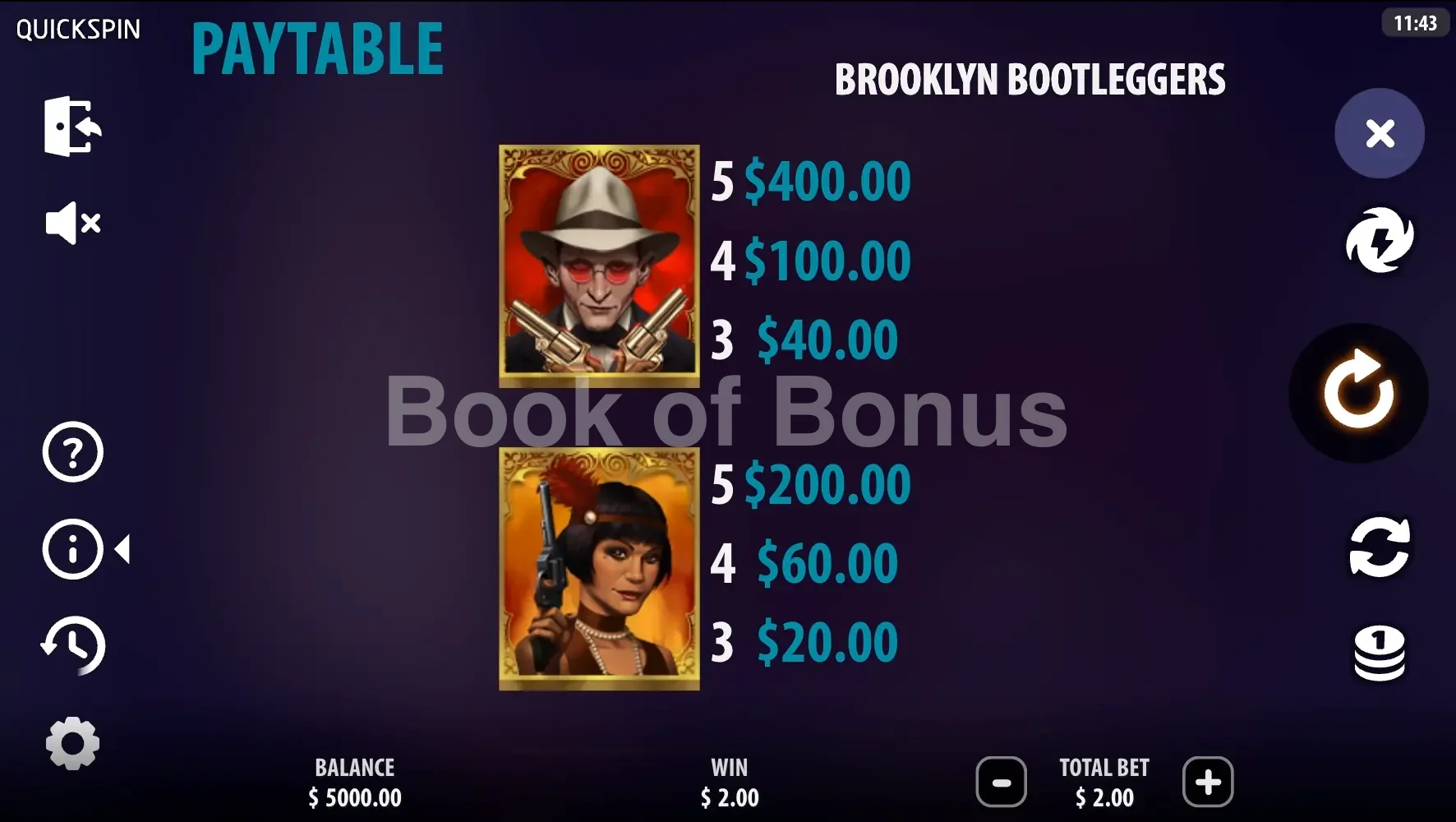 Brooklyn Bootleggers par Quickspin - table des gains et valeurs des symboles