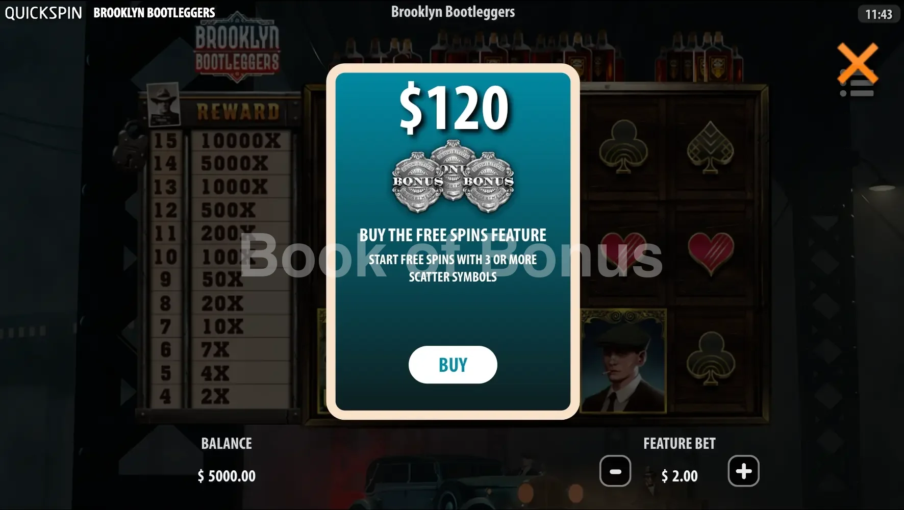 Brooklyn Bootleggers par Quickspin - menu d'achat de bonus et options