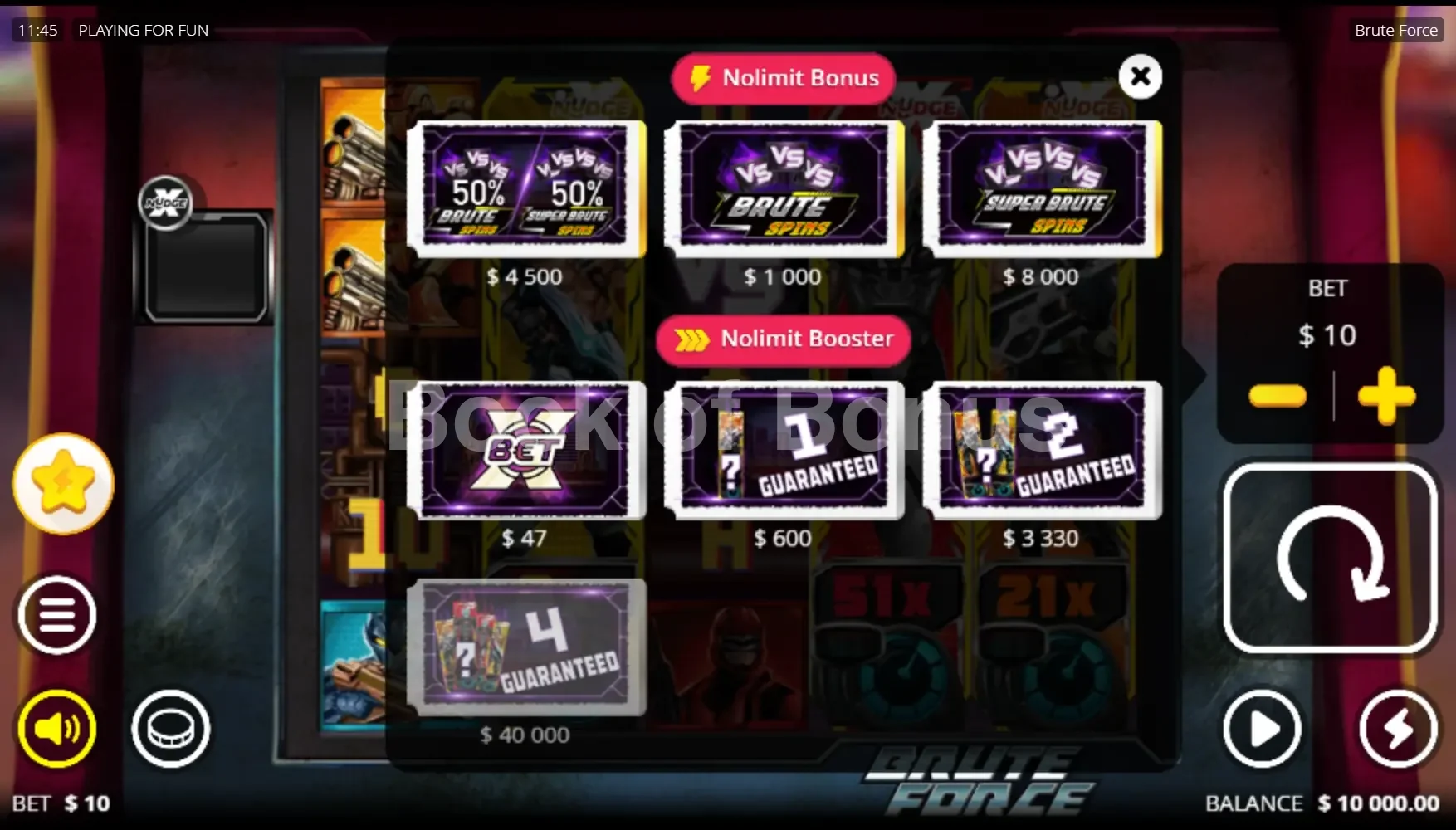Brute Force par Nolimit City - menu d'achat de bonus et options