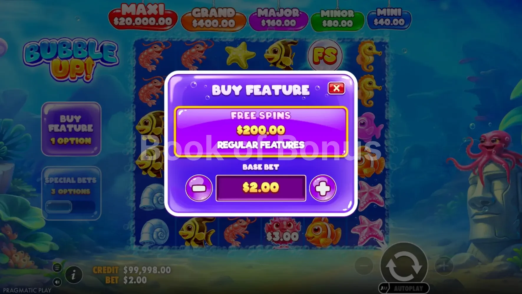 Bubble Up! par Pragmatic Play - menu d'achat de bonus et options