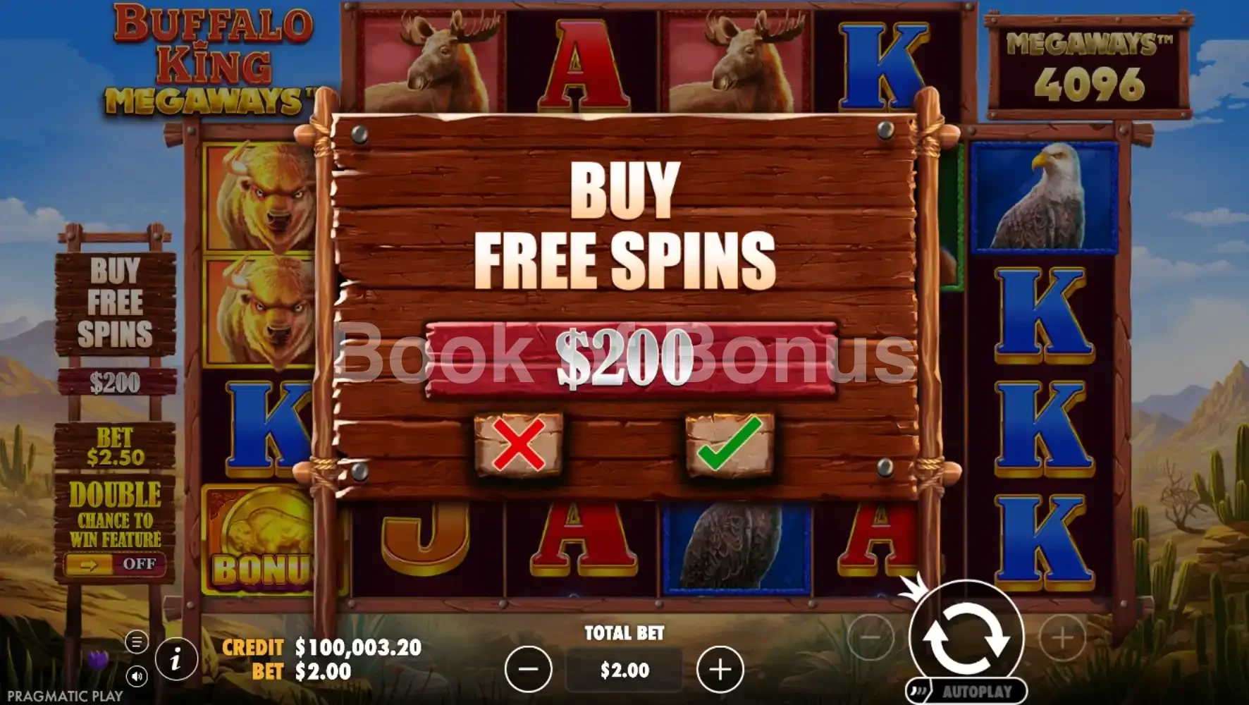 Buffalo King Megaways par Pragmatic Play - menu d'achat de bonus et options