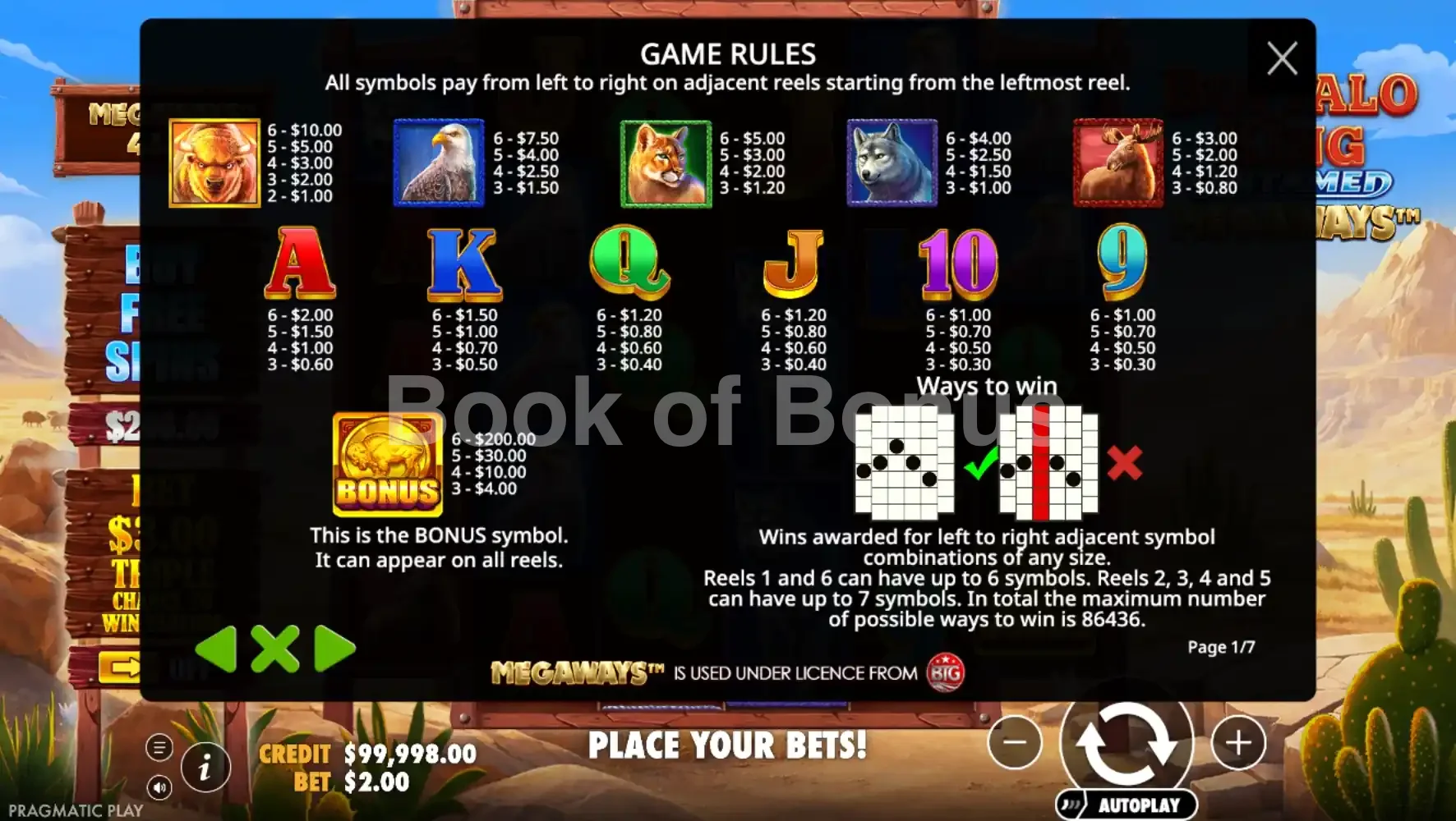 Buffalo King Untamed Megaways par Pragmatic Play - table des gains et valeurs des symboles
