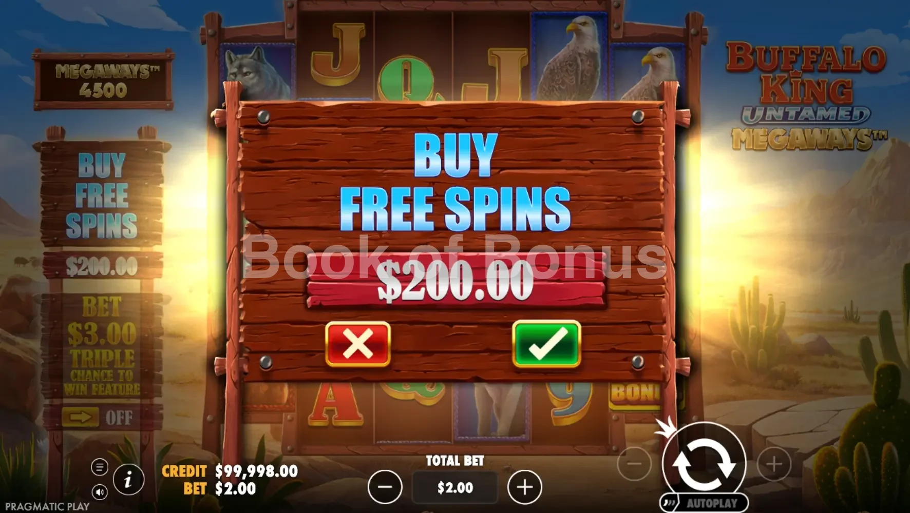 Buffalo King Untamed Megaways par Pragmatic Play - menu d'achat de bonus et options