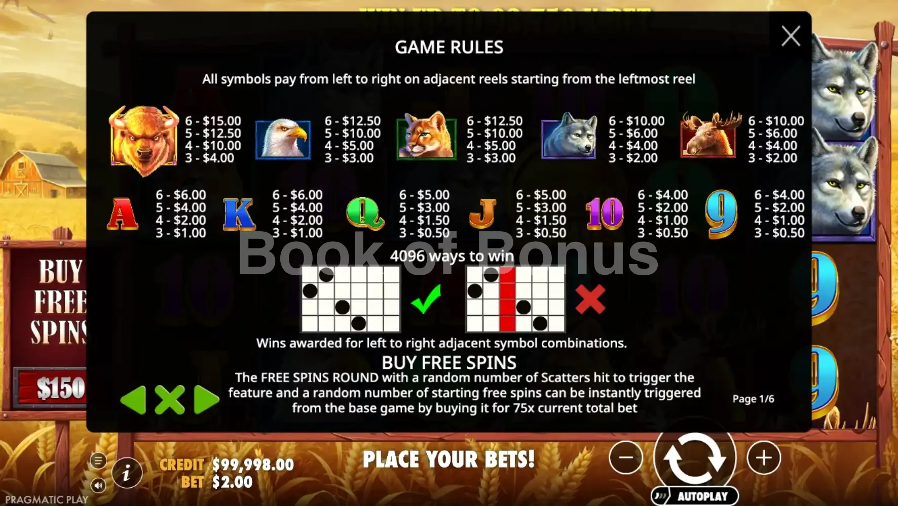 Buffalo King par Pragmatic Play - table des gains et valeurs des symboles