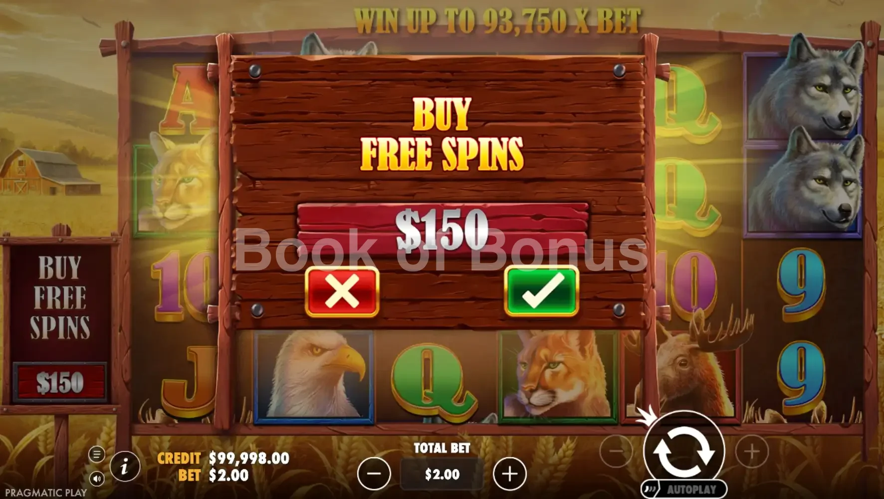 Buffalo King par Pragmatic Play - menu d'achat de bonus et options
