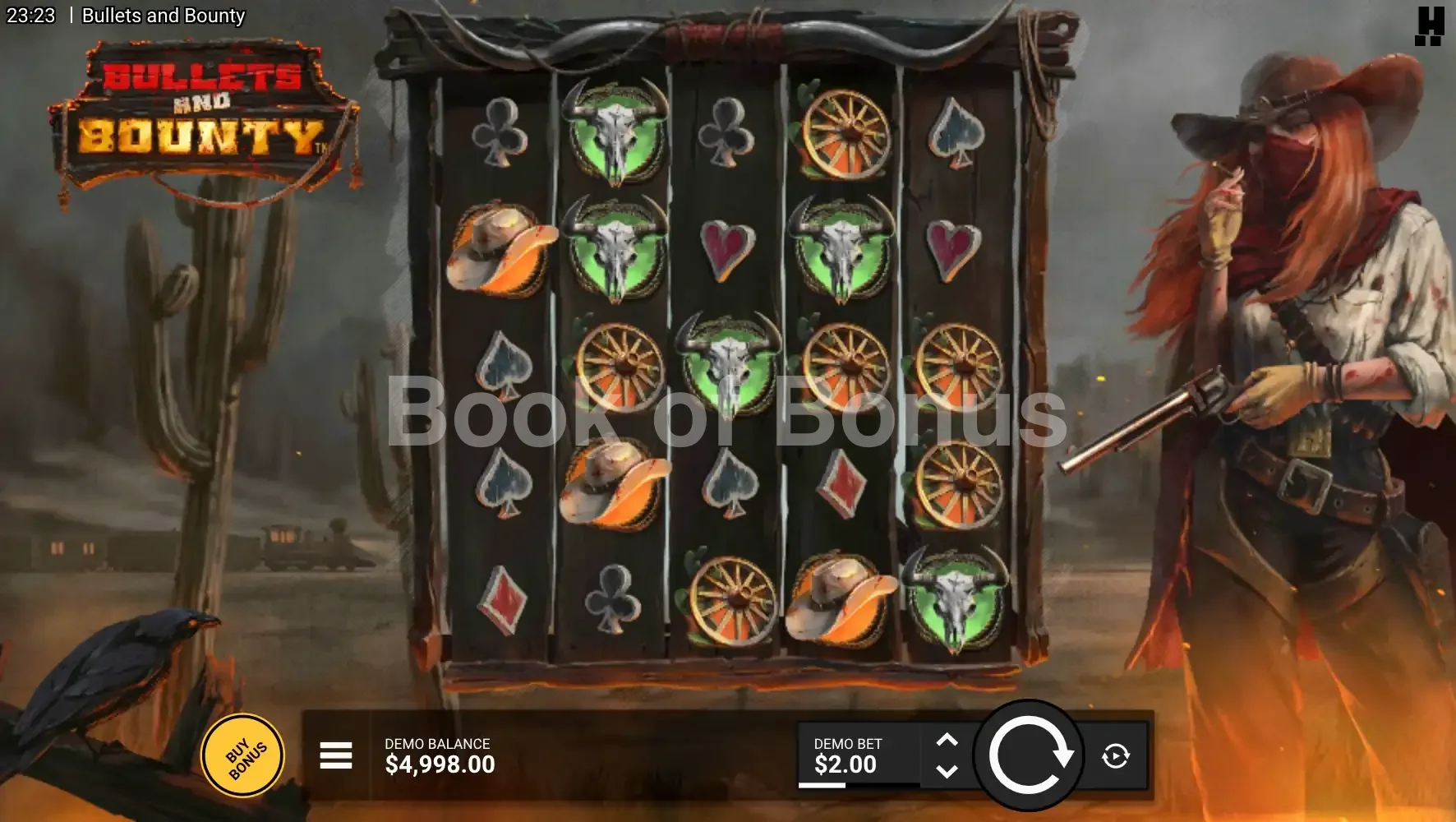 Bullets and Bounty par Hacksaw Gaming - jeu de base et disposition des rouleaux