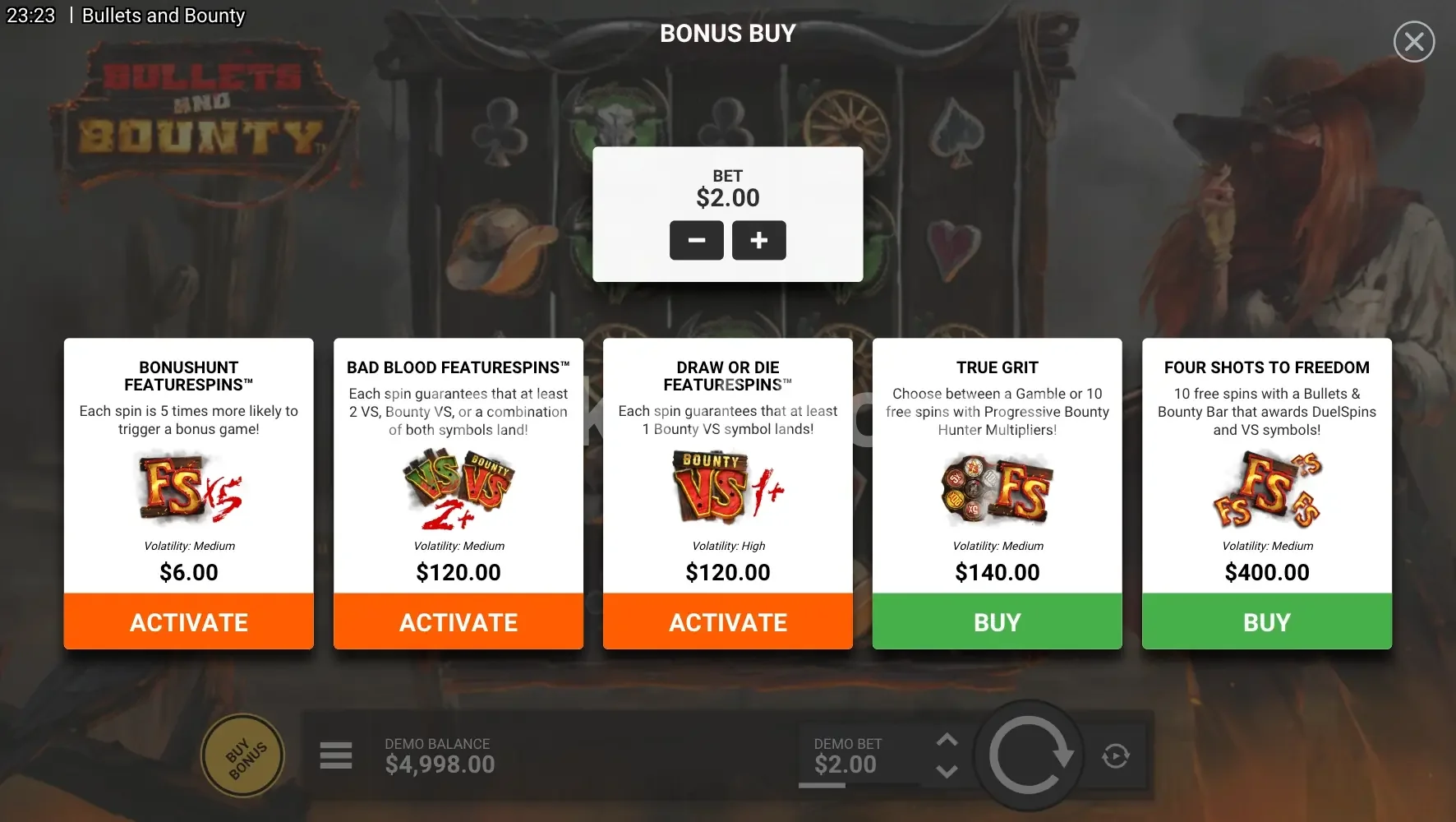 Bullets and Bounty par Hacksaw Gaming - menu d'achat de bonus et options