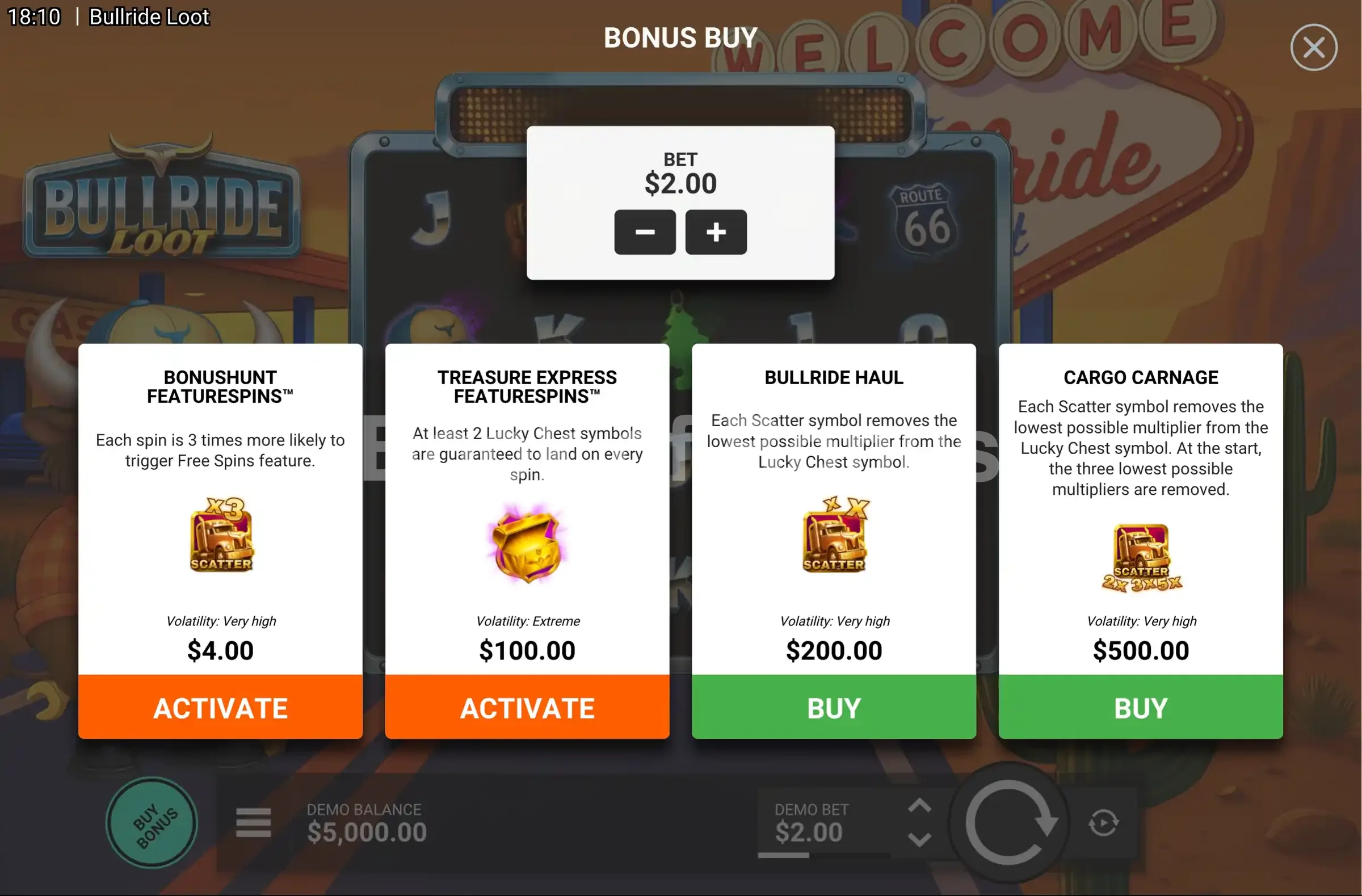 Bullride Loot par Hacksaw Gaming - menu d'achat de bonus et options
