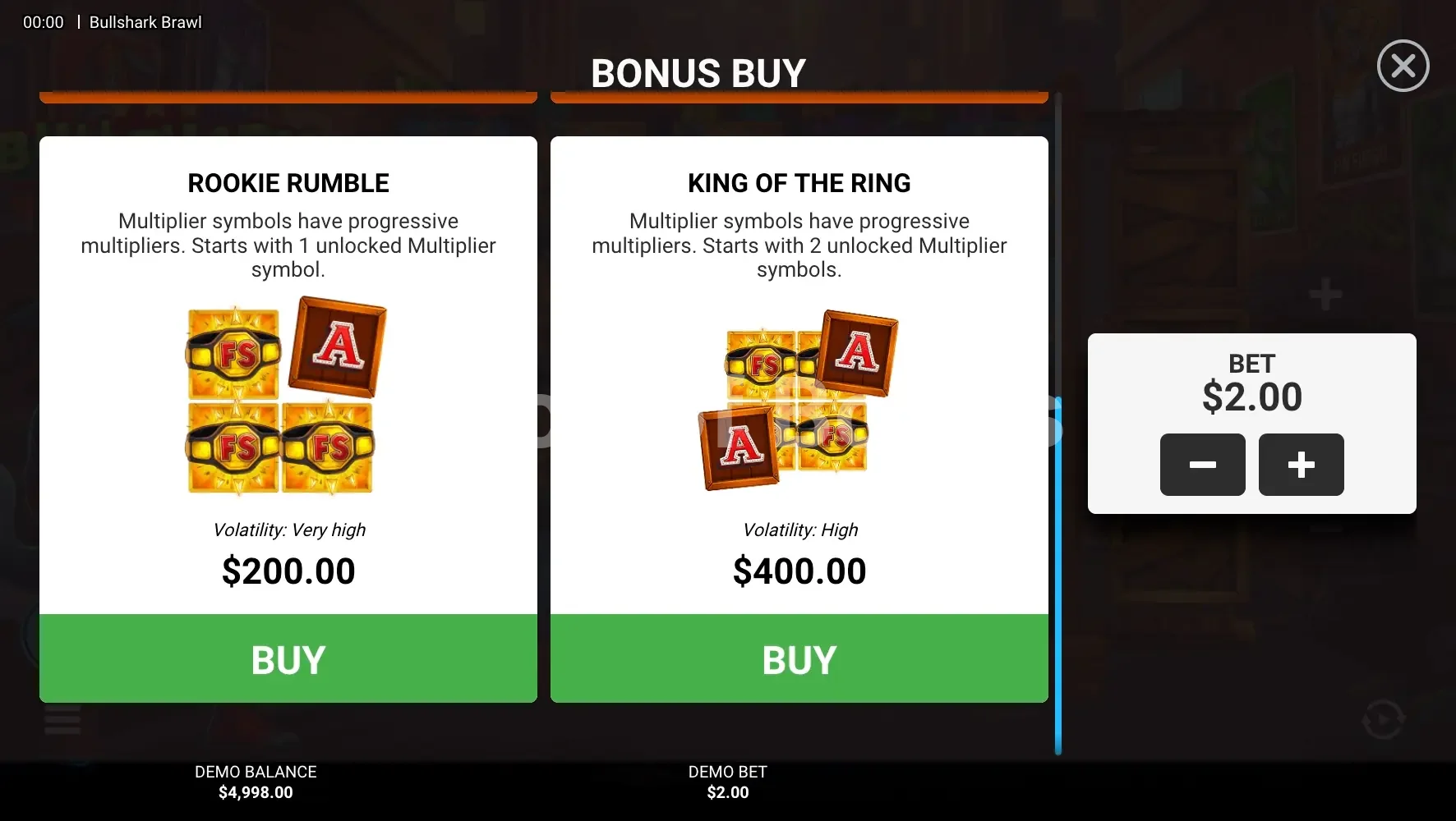 Bullshark Brawl par Hacksaw Gaming - menu d'achat de bonus et options