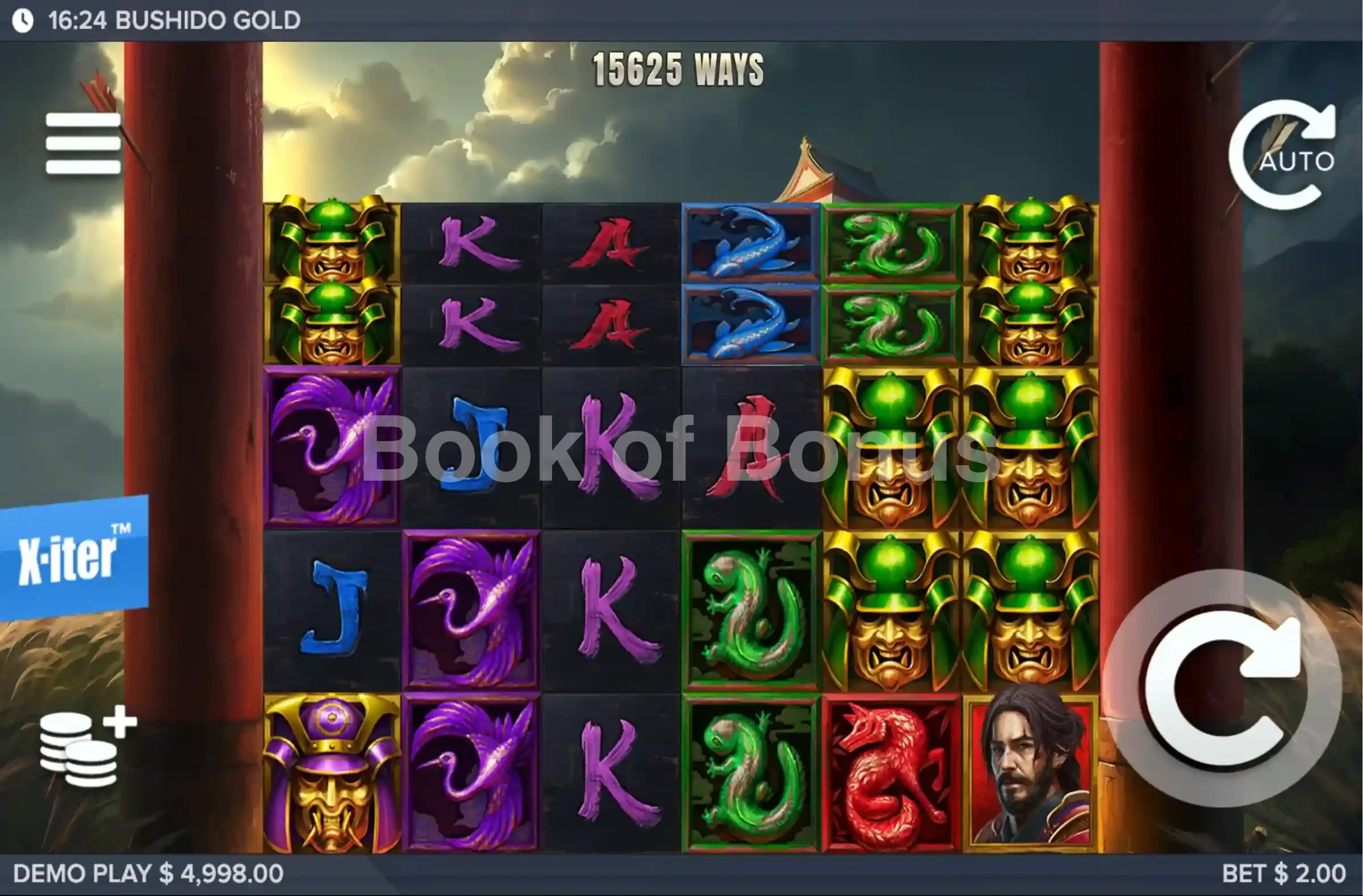 Bushido Gold par ELK Studios - jeu de base et disposition des rouleaux