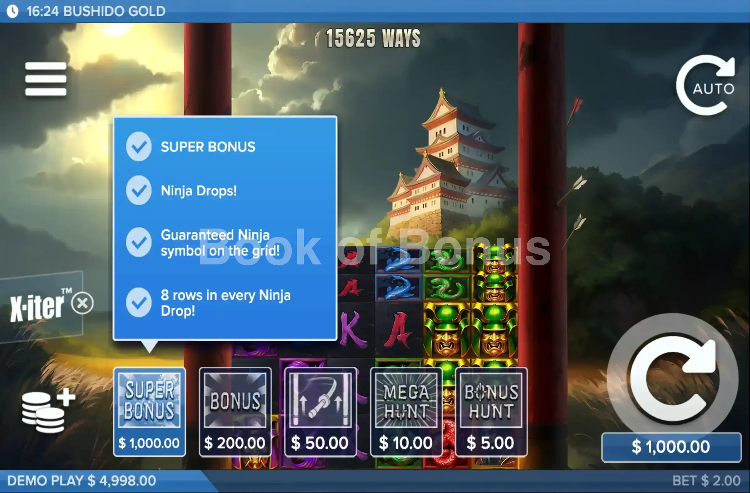 Bushido Gold par ELK Studios - menu d'achat de bonus et options