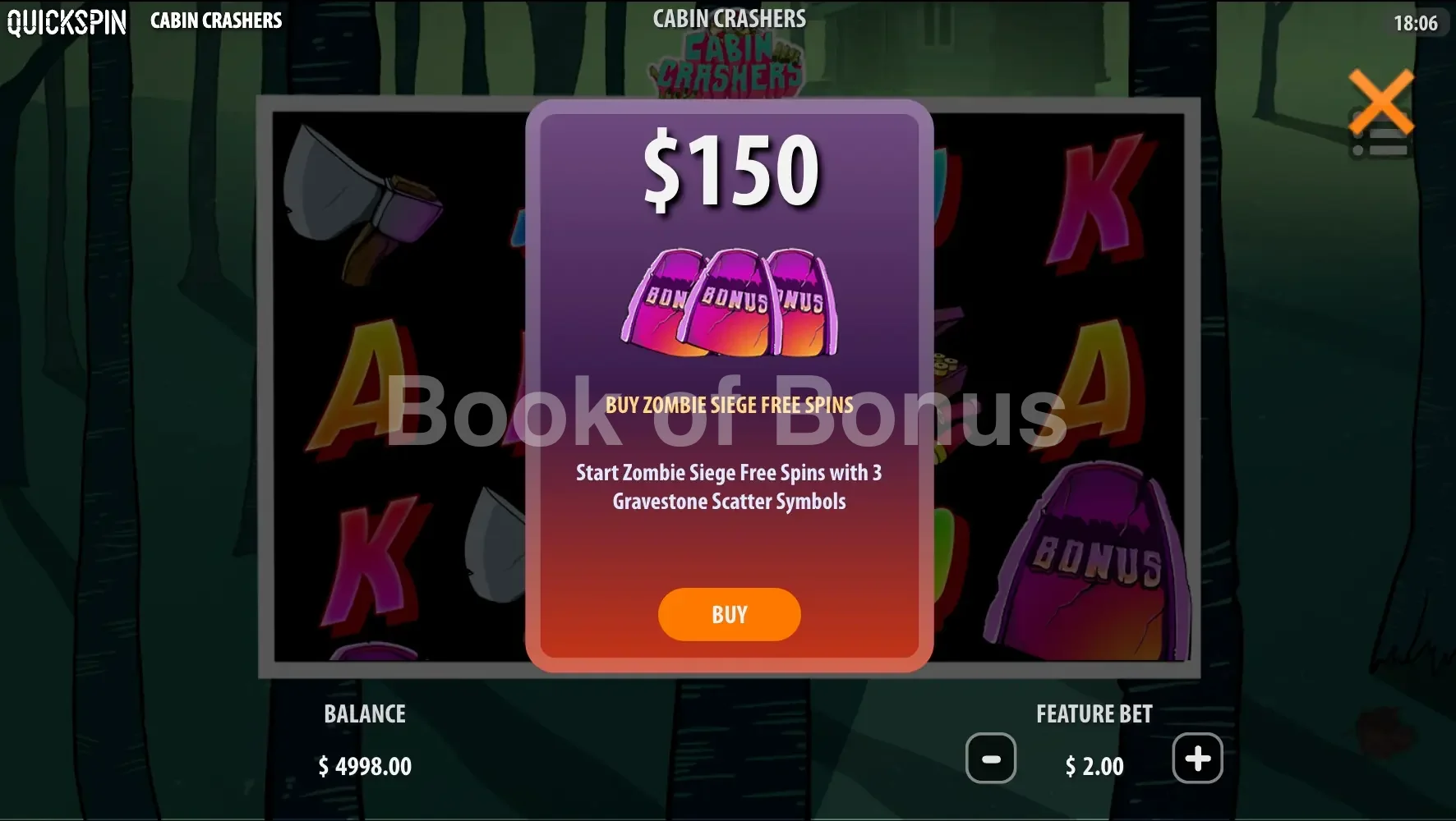 Cabin Crashers par Quickspin - menu d'achat de bonus et options