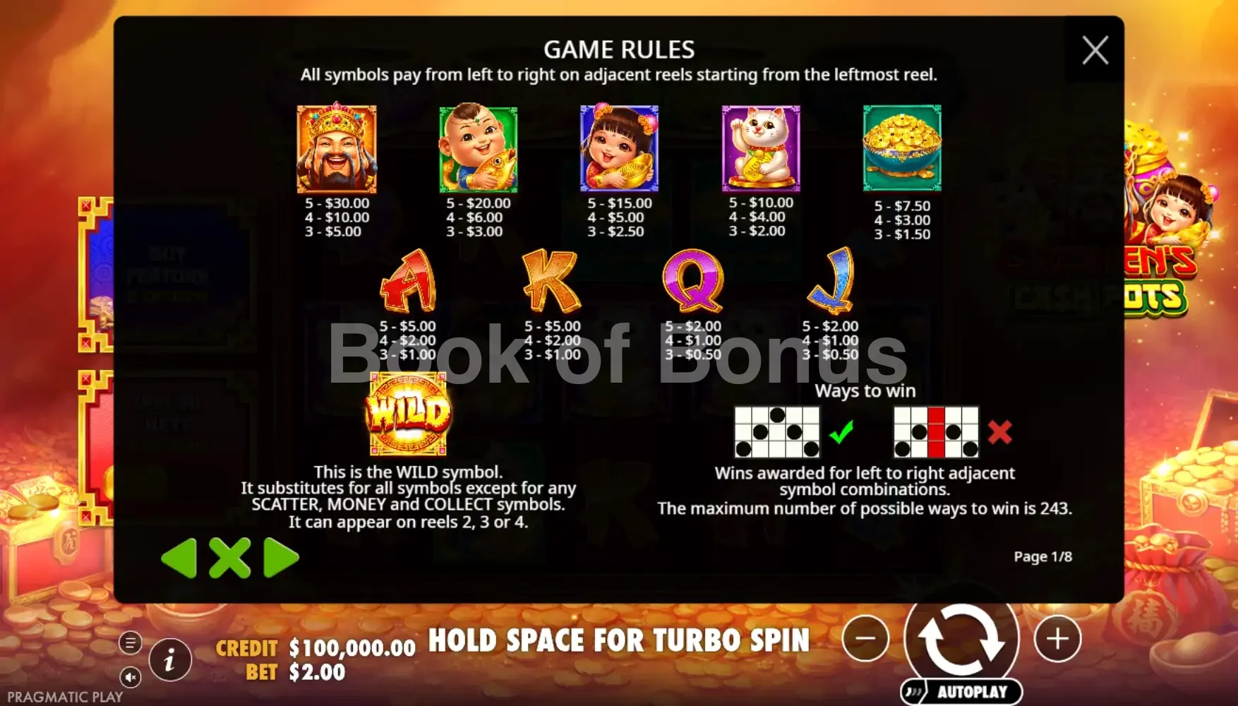 Caishen’s Cash Pots par Pragmatic Play - table des gains et valeurs des symboles