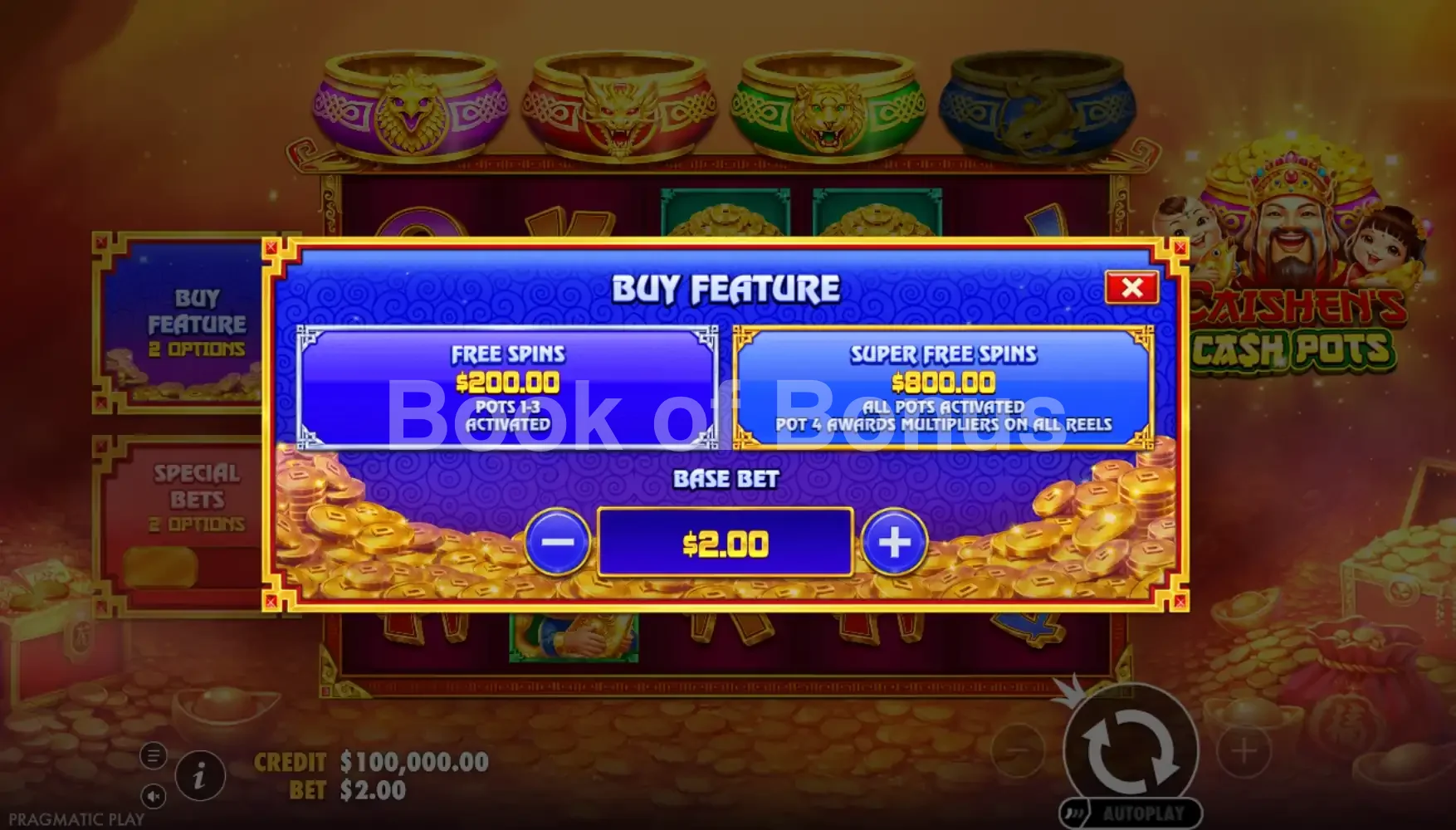 Caishen’s Cash Pots par Pragmatic Play - menu d'achat de bonus et options