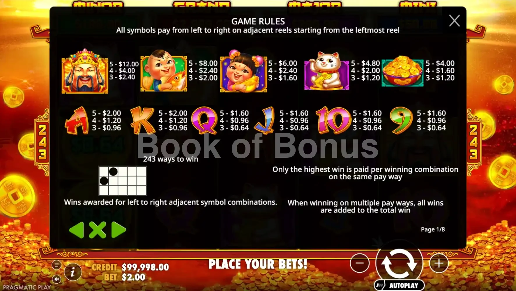 Caishen's Cash par Pragmatic Play - table des gains et valeurs des symboles