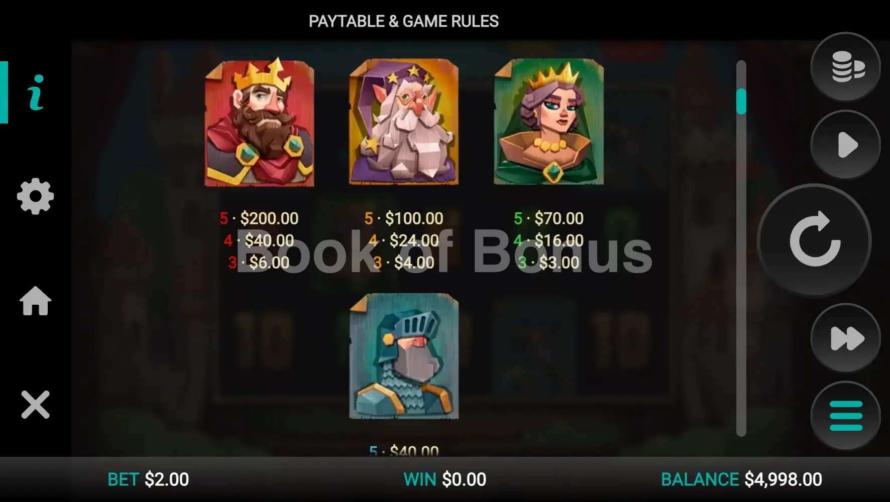 Camelot Cash par Relax Gaming - table des gains et valeurs des symboles