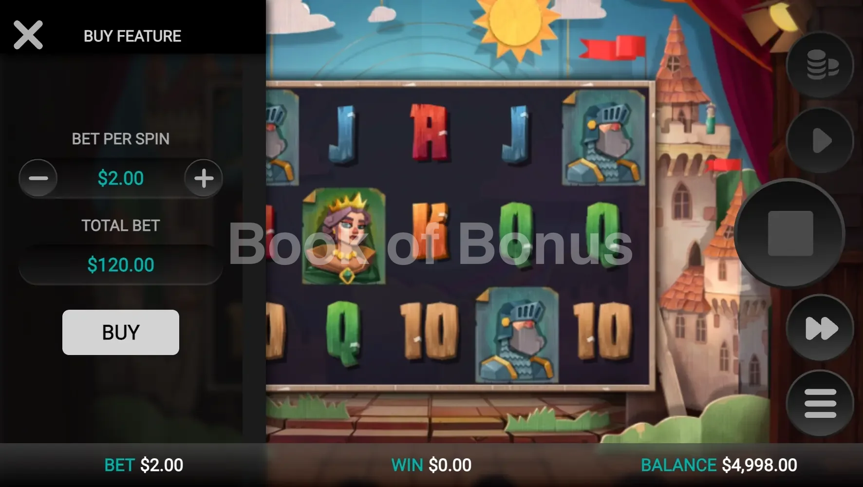 Camelot Cash par Relax Gaming - menu d'achat de bonus et options