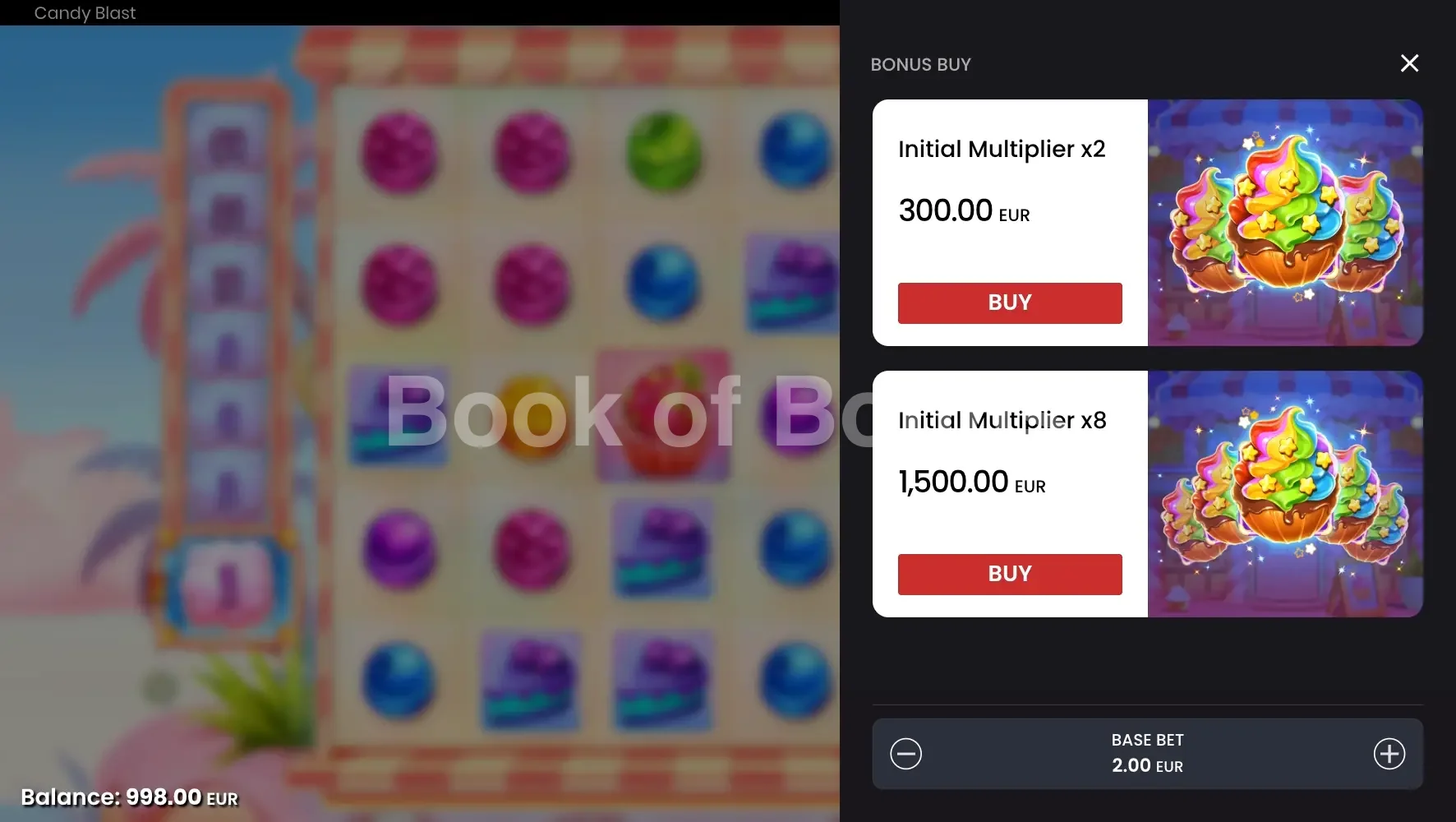 Candy Blast par Push Gaming - menu d'achat de bonus et options