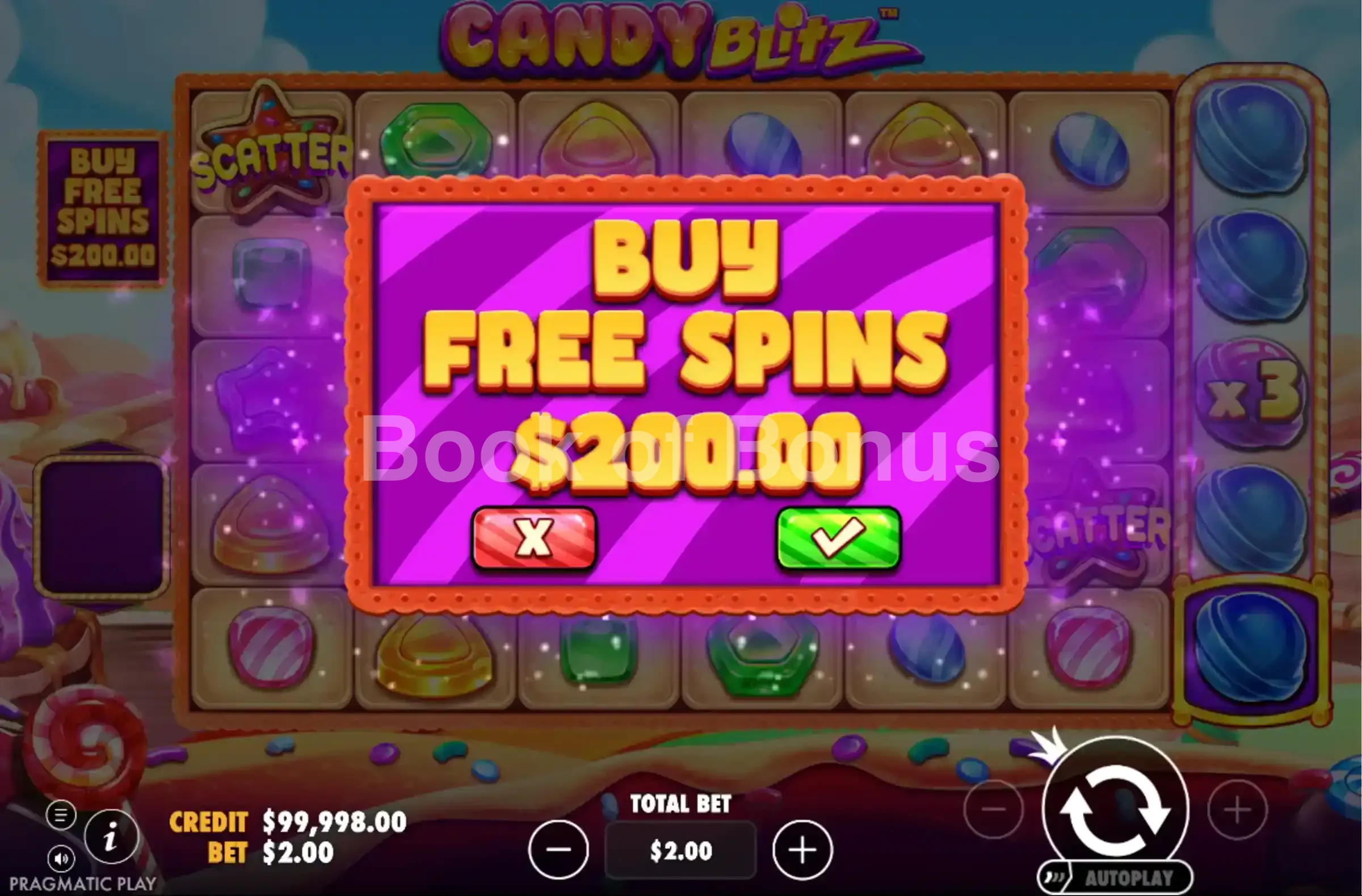 Candy Blitz par Pragmatic Play - menu d'achat de bonus et options