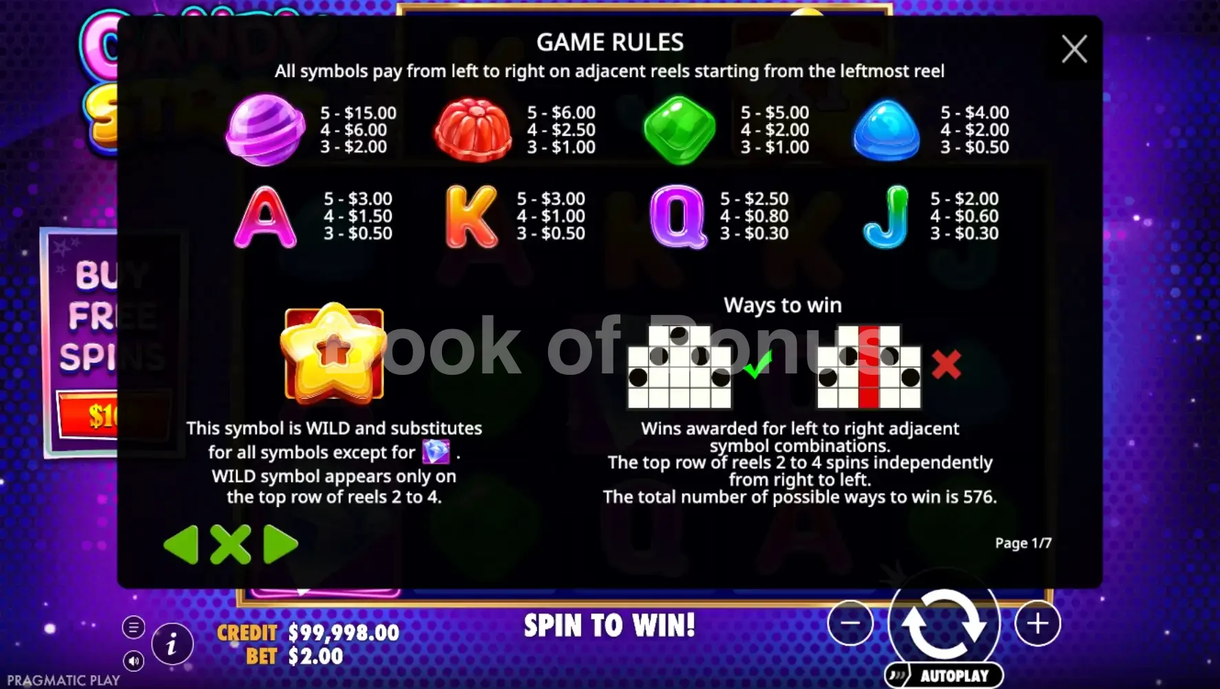 Candy Stars par Pragmatic Play - table des gains et valeurs des symboles