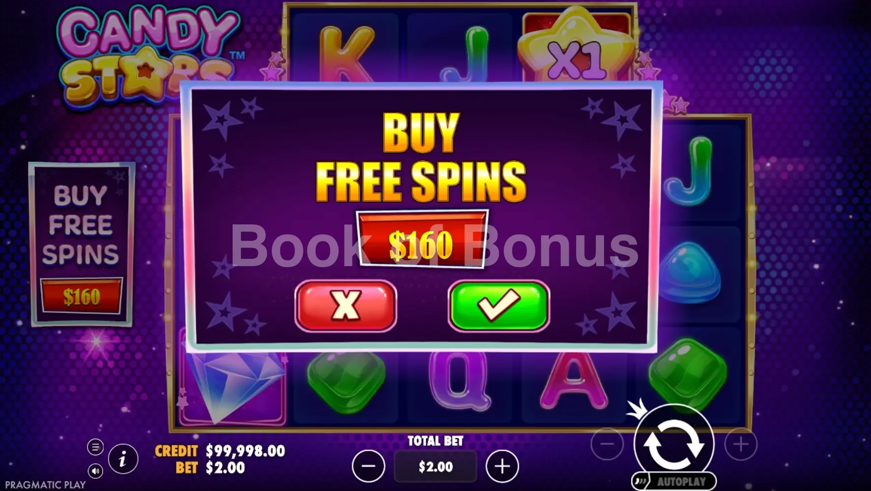 Candy Stars par Pragmatic Play - menu d'achat de bonus et options