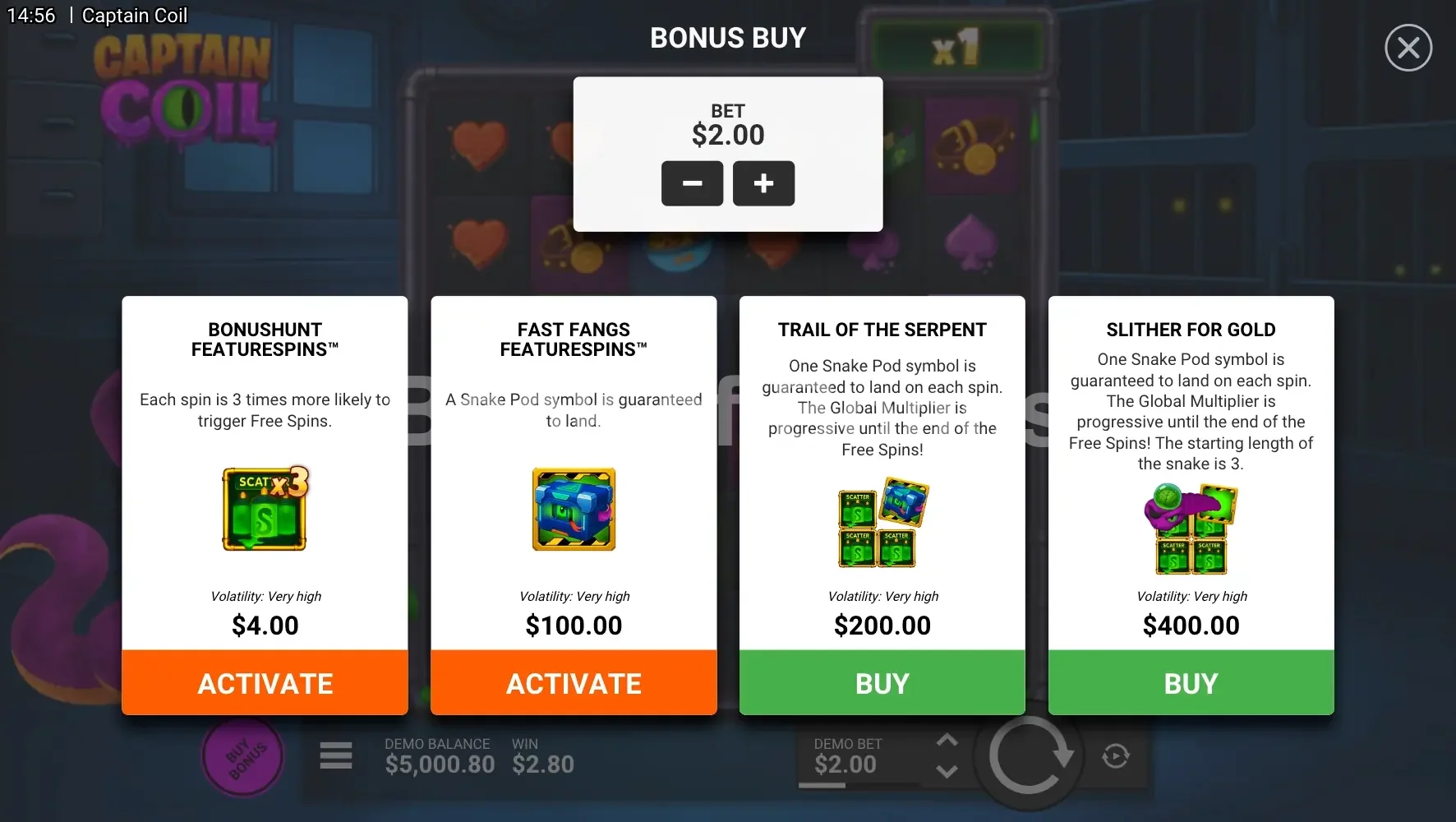 Captain Coil par Hacksaw Gaming - menu d'achat de bonus et options