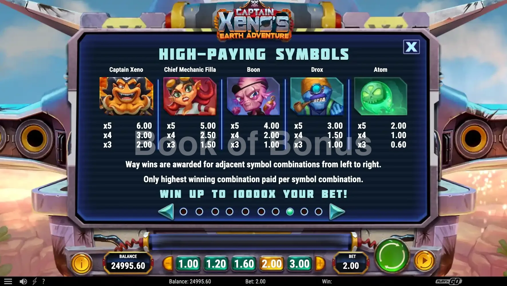Captain Xeno's Earth Adventure par Play'n GO - table des gains et valeurs des symboles