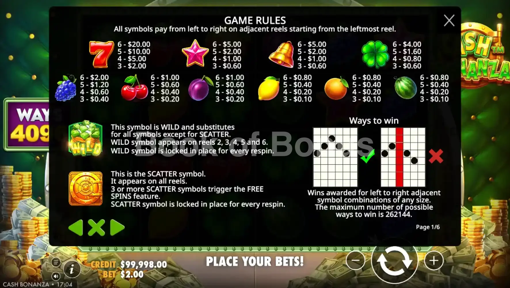 Cash Bonanza par Pragmatic Play - table des gains et valeurs des symboles