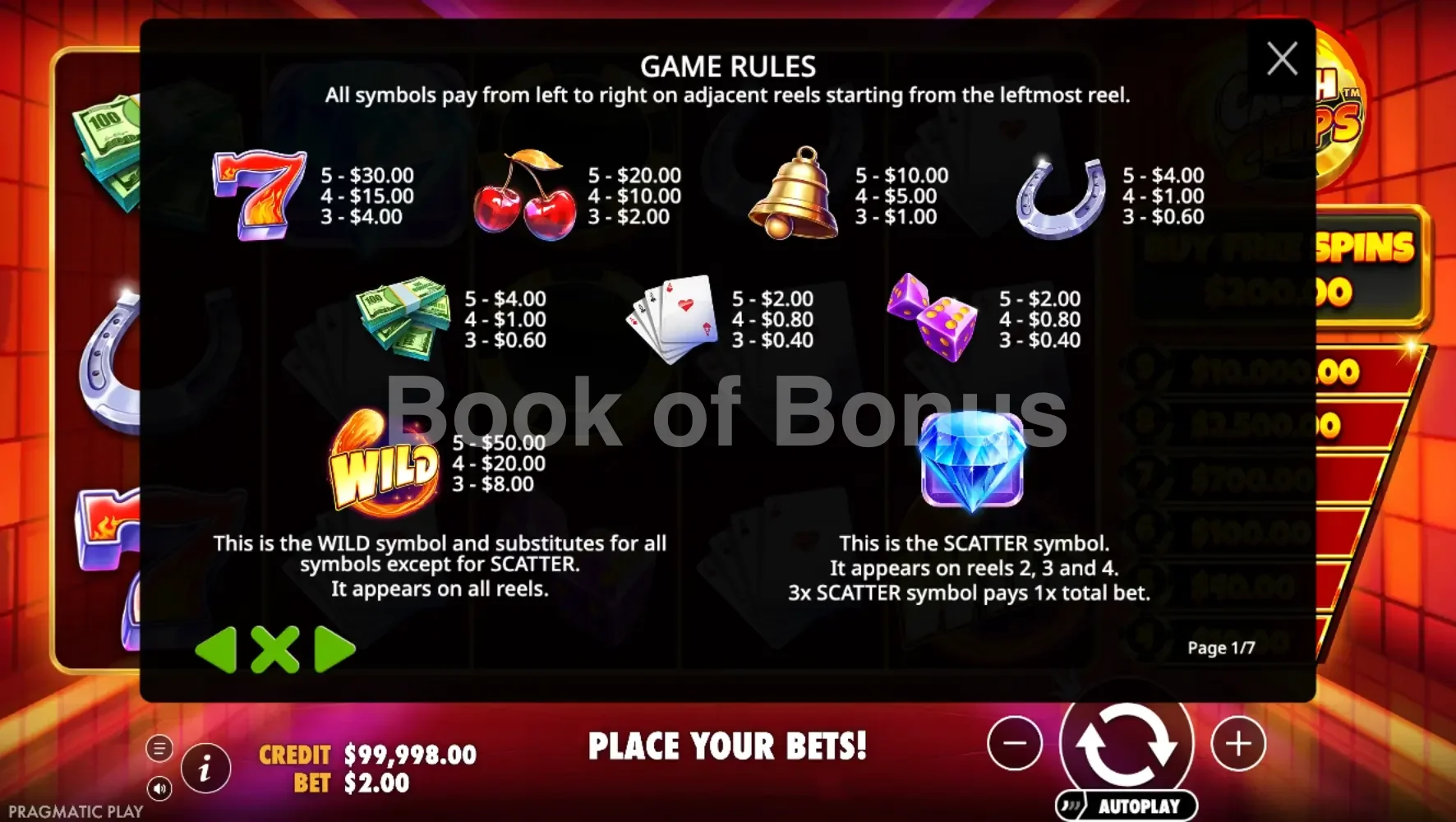 Table des gains Cash Chips