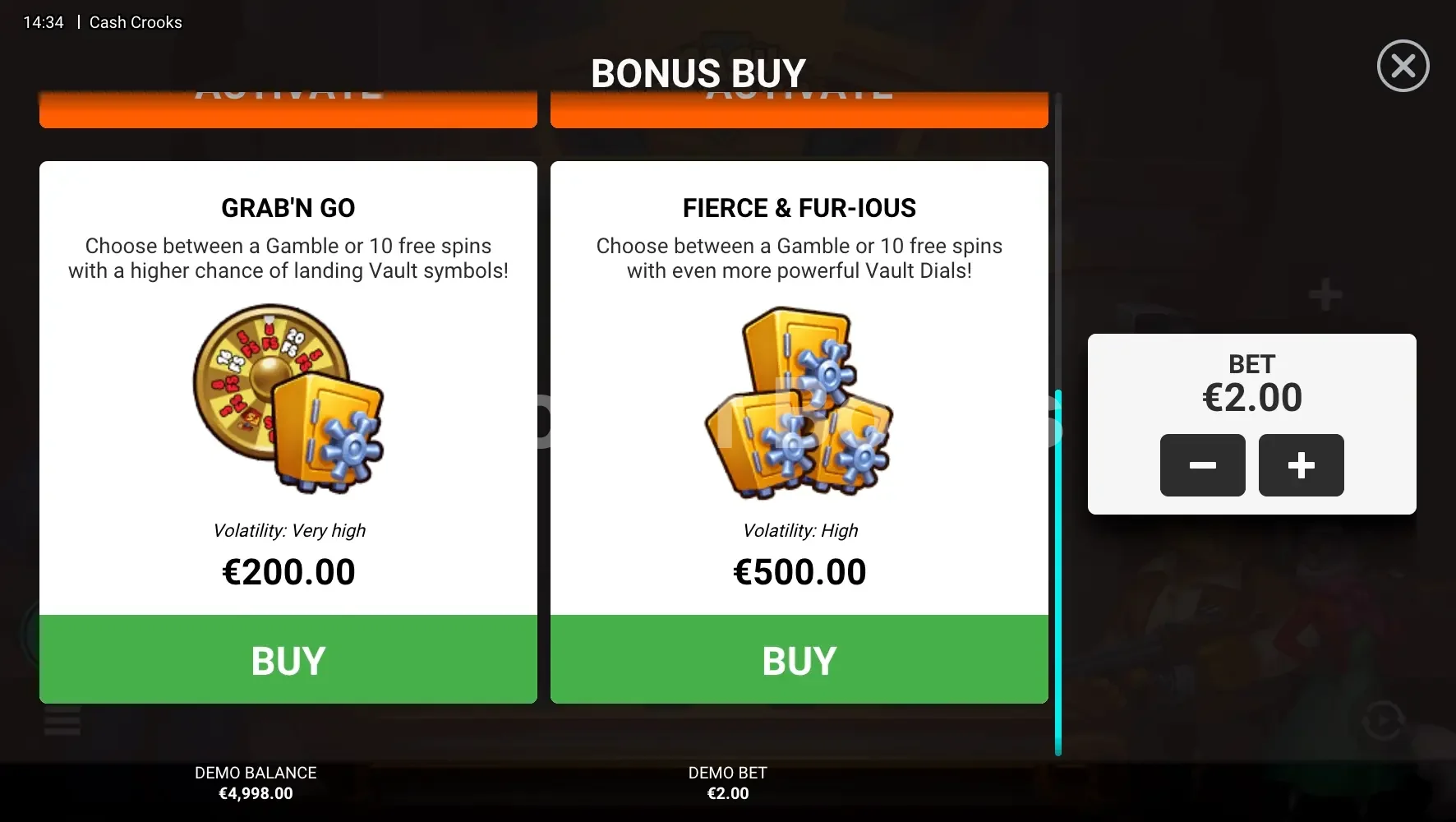 Cash Crooks par Hacksaw Gaming - menu d'achat de bonus et options