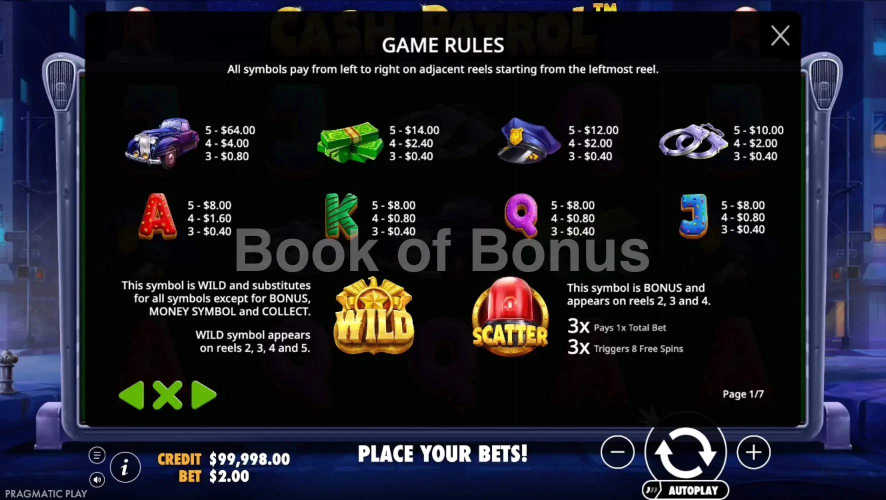 Cash Patrol par Pragmatic Play - table des gains et valeurs des symboles