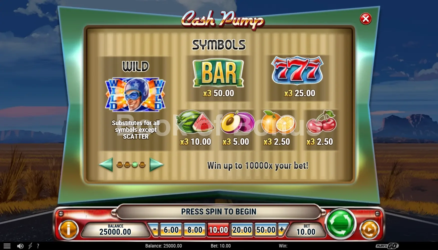 Cash Pump par Play'n GO - table des gains et valeurs des symboles