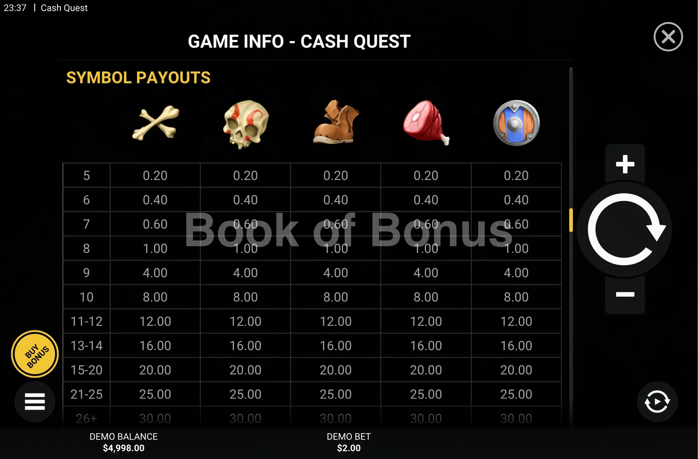 Tableau des gains Cash Quest
