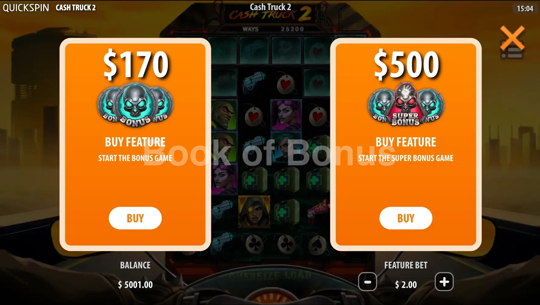 Cash Truck 2 par Quickspin - menu d'achat de bonus et options